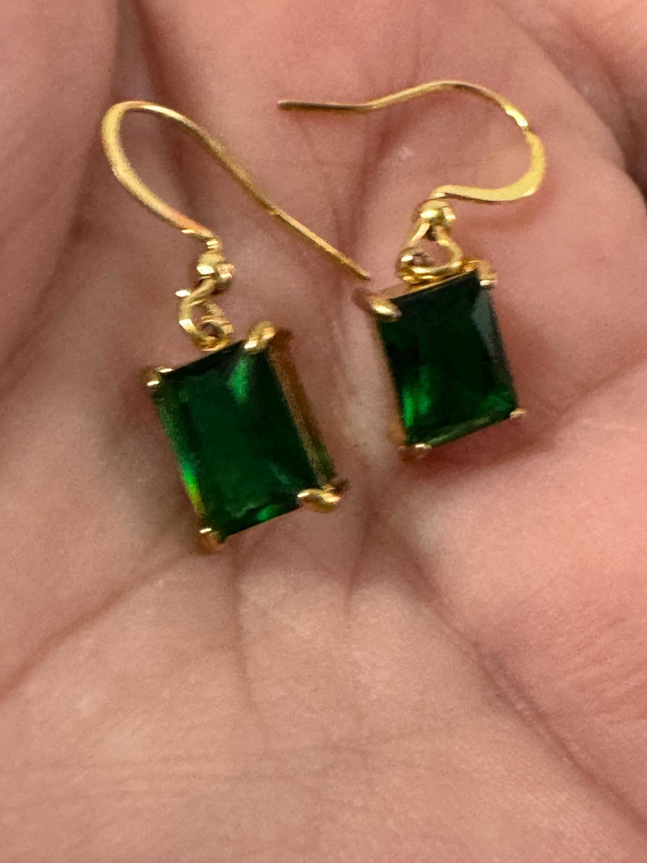 dainty emerald cut green diamanté crystal rectangular drop earrings , gold tone earwires