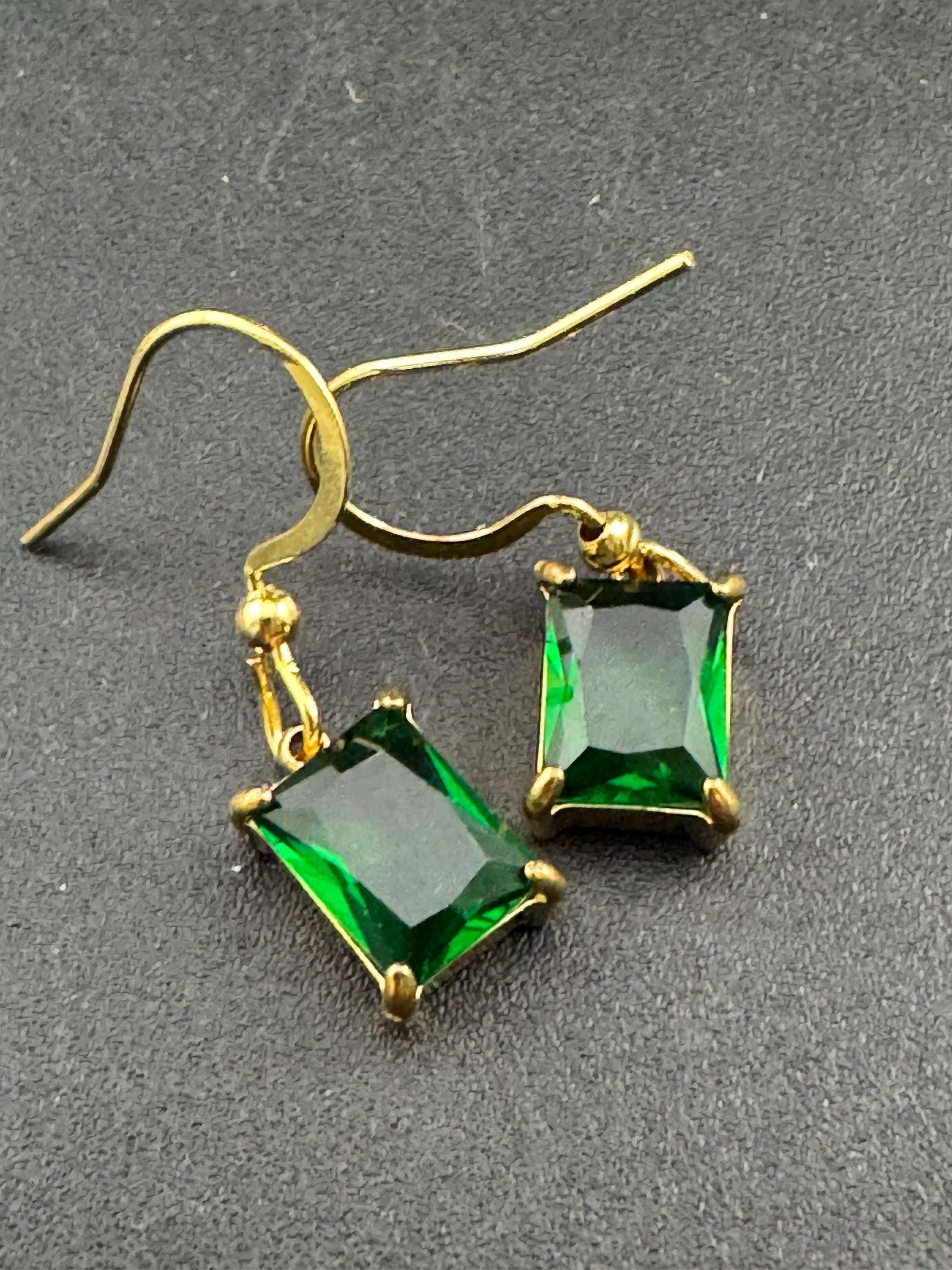 dainty emerald cut green diamanté crystal rectangular drop earrings , gold tone earwires