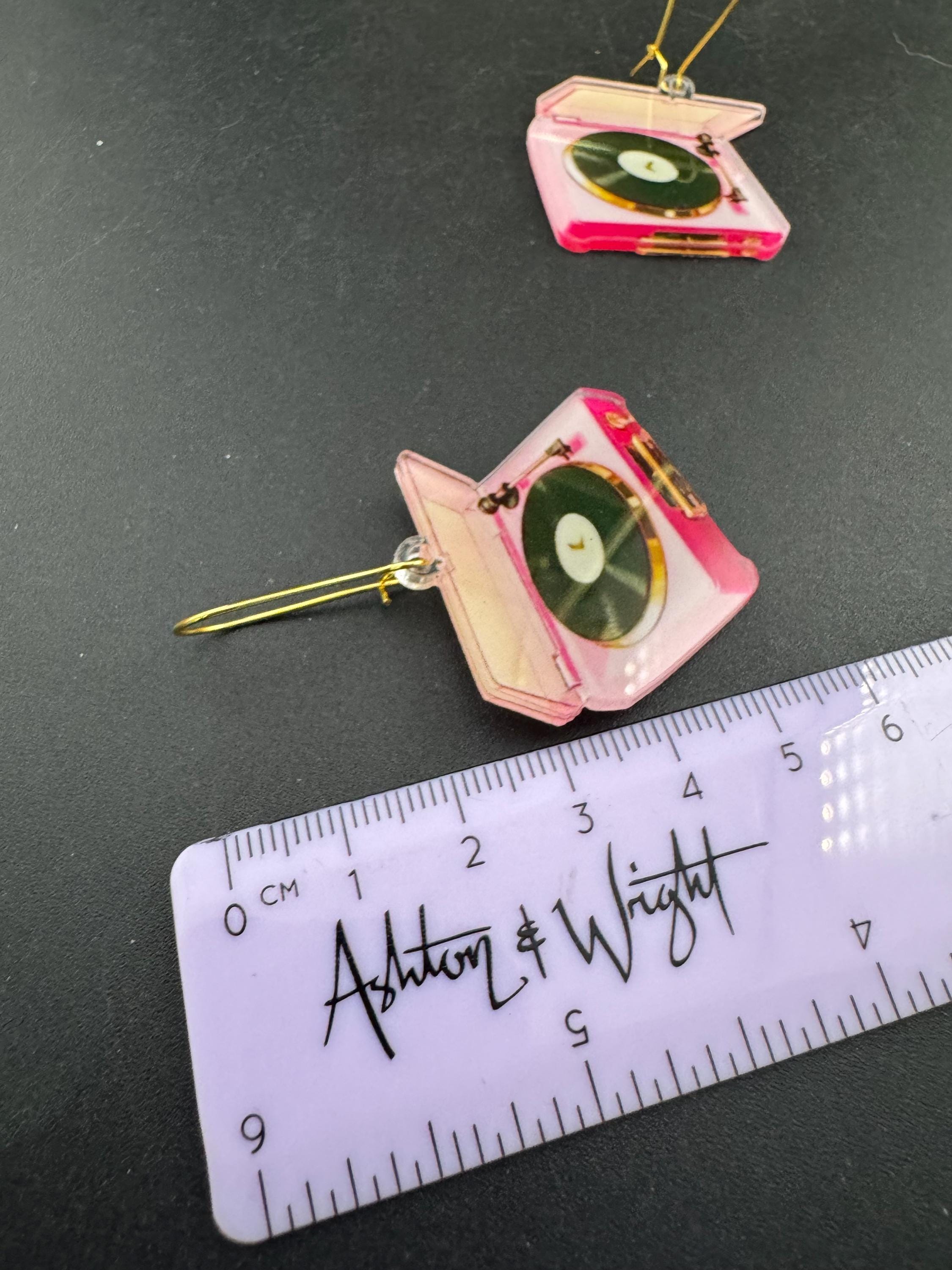 handmade novelty pink decks , record player charm earrings on gold tone kidney earwires