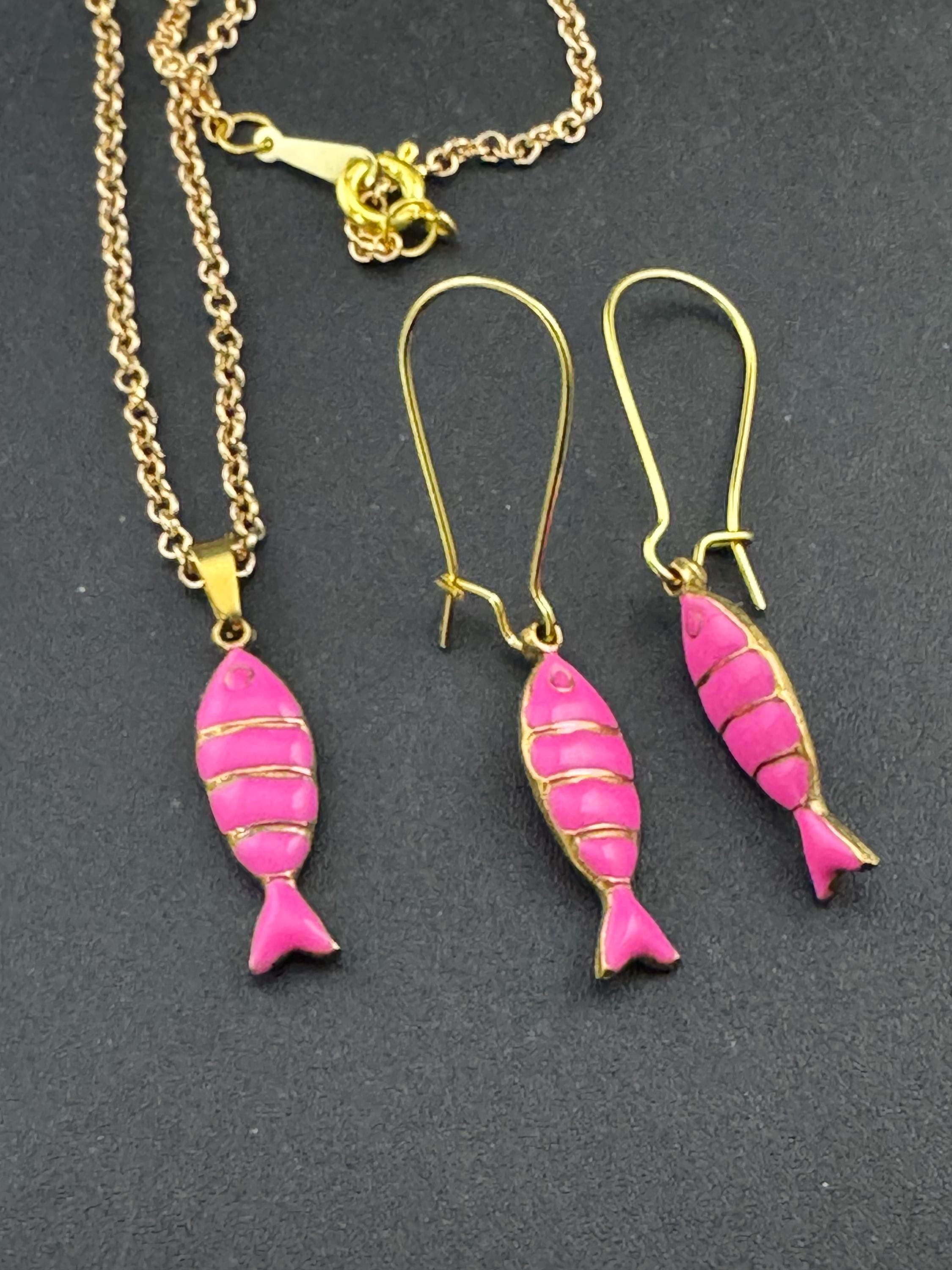 Pink Enamel Sardine Fish Earrings and Pendant: Gold Nautical Jewelry Set