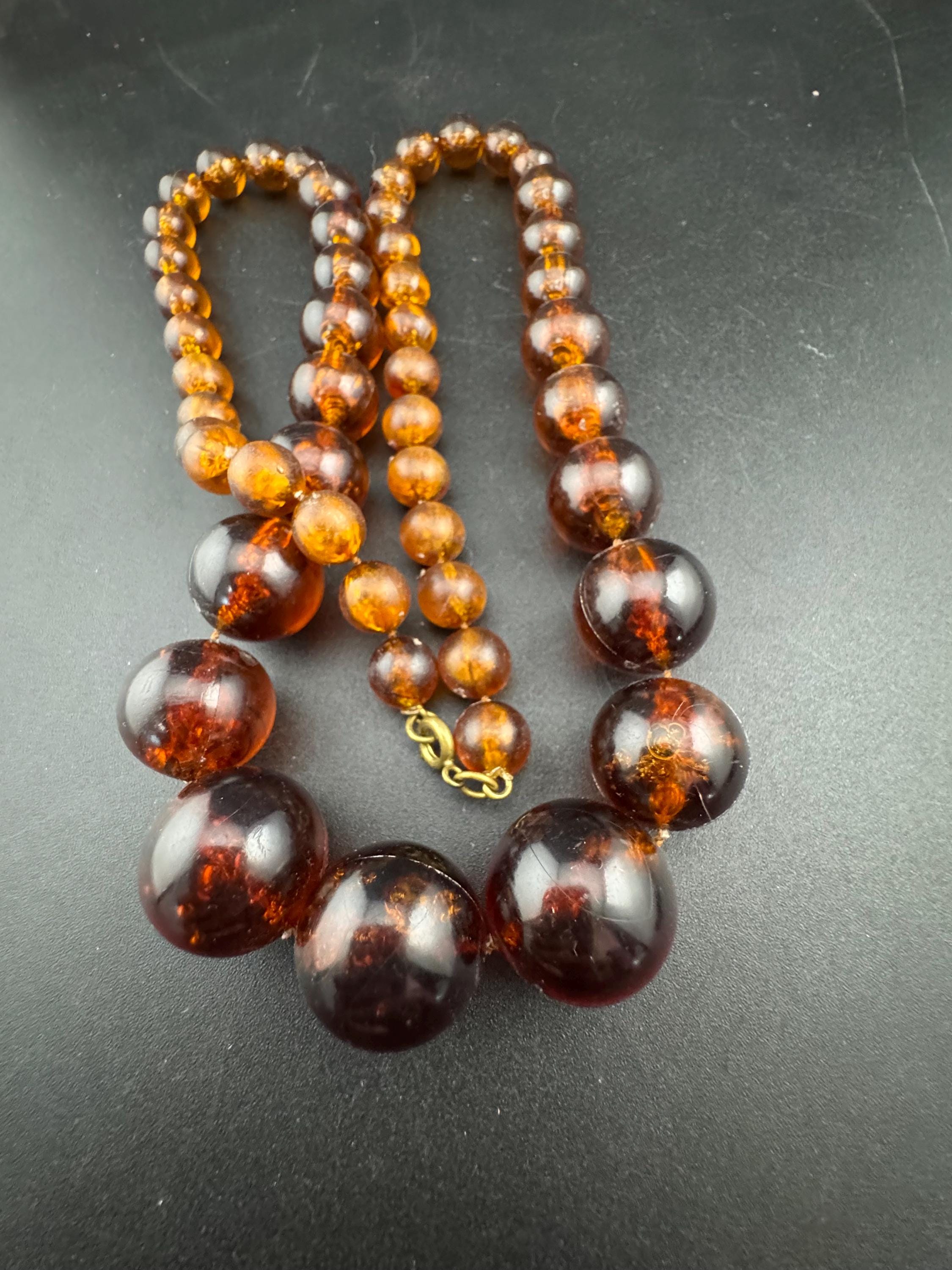 Vintage plastic beaded round necklace brown faux tortoiseshell tones