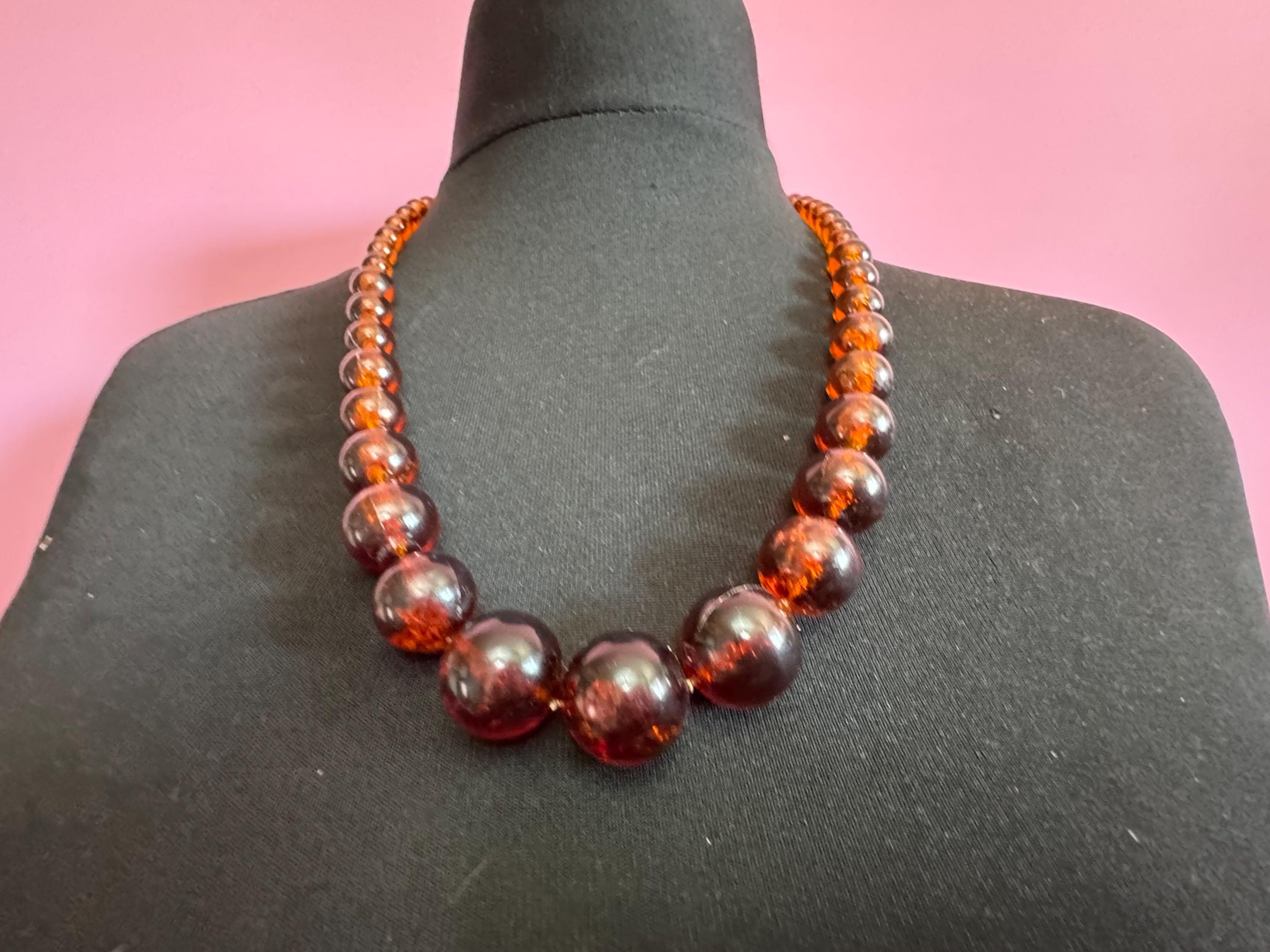 Vintage plastic beaded round necklace brown faux tortoiseshell tones