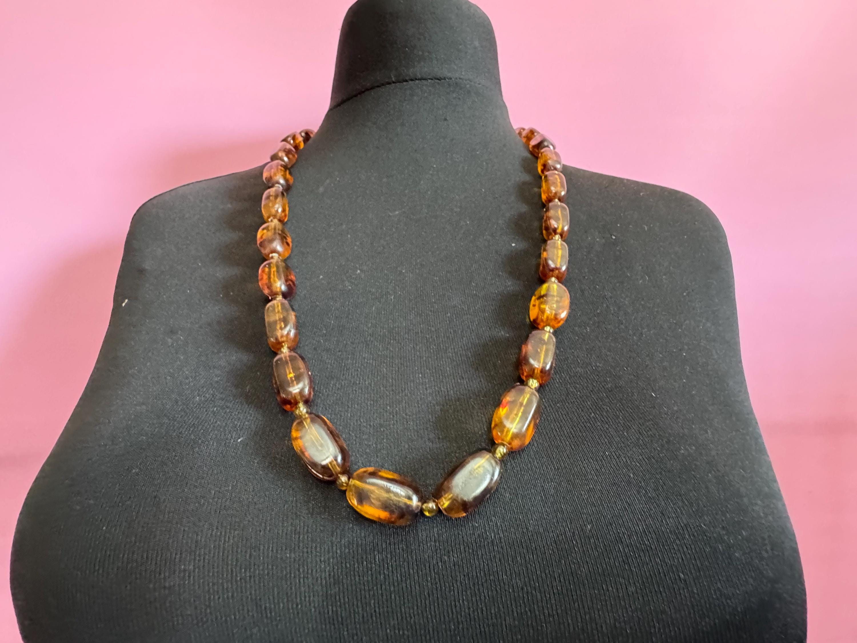 Vintage plastic oval beaded necklace brown faux tortoiseshell tones