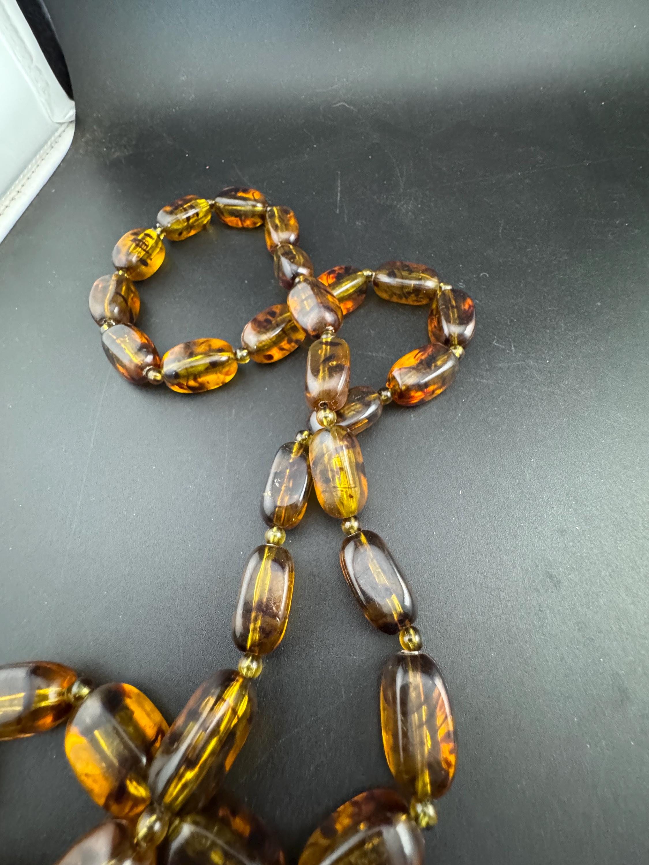 Vintage plastic oval beaded necklace brown faux tortoiseshell tones