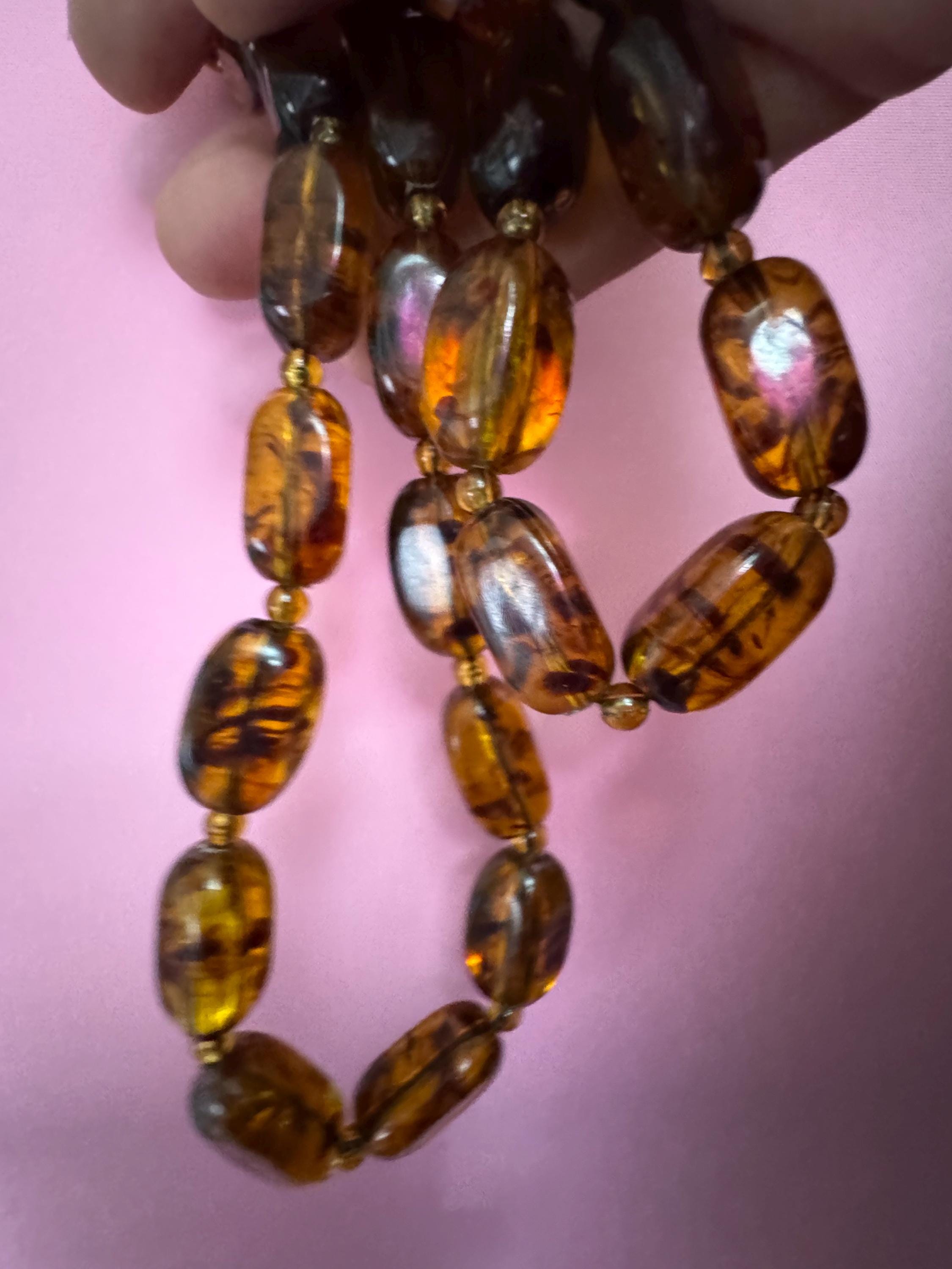 Vintage plastic oval beaded necklace brown faux tortoiseshell tones