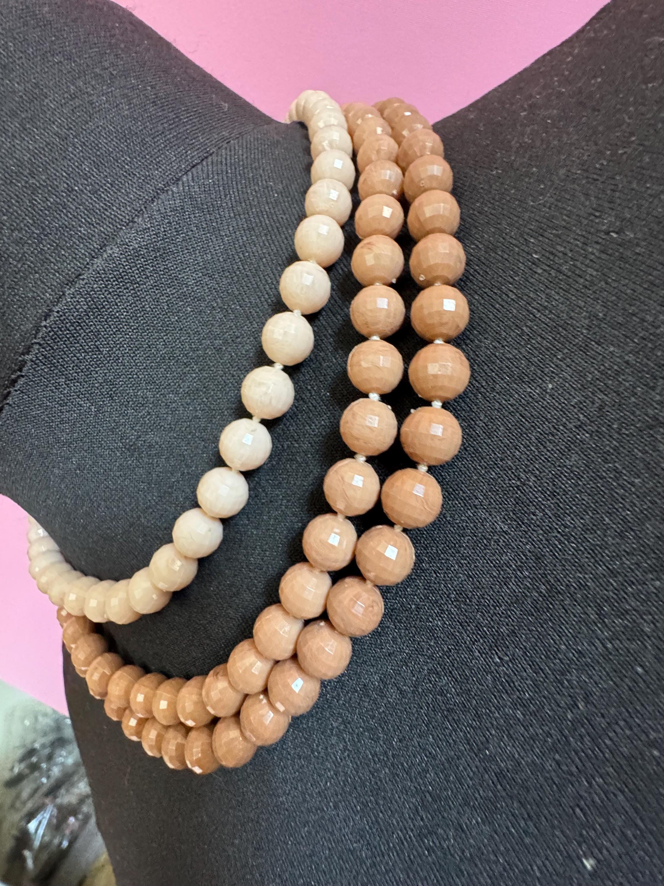 As found Vintage 1960s 3 strand row brown cream plastic beaded wide choker collar necklace