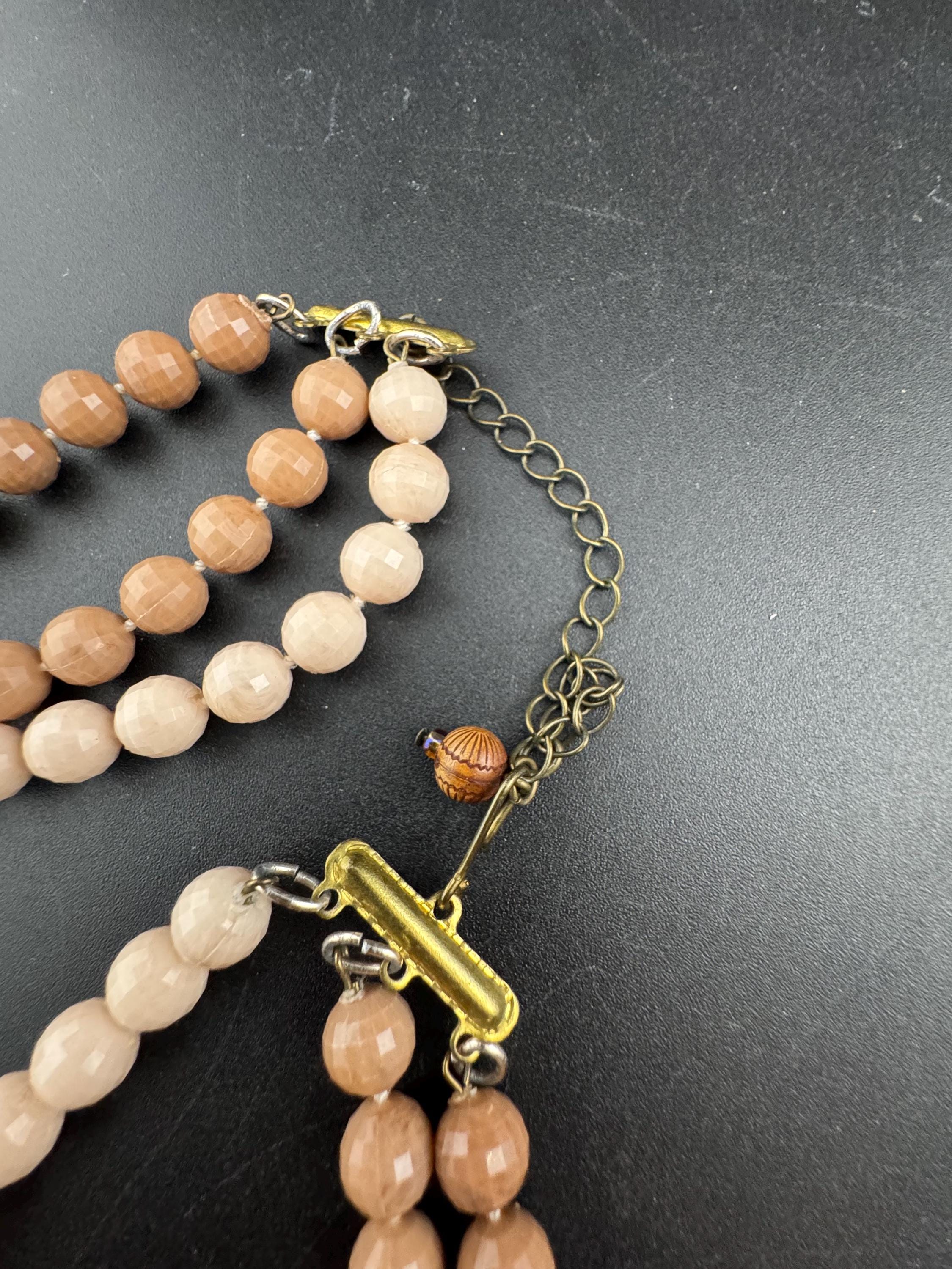 As found Vintage 1960s 3 strand row brown cream plastic beaded wide choker collar necklace