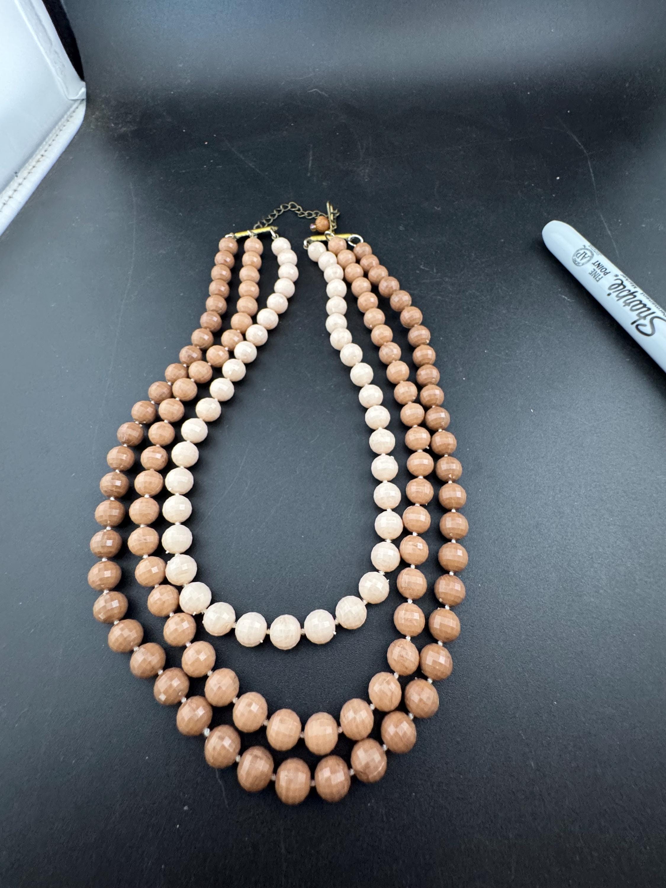 As found Vintage 1960s 3 strand row brown cream plastic beaded wide choker collar necklace