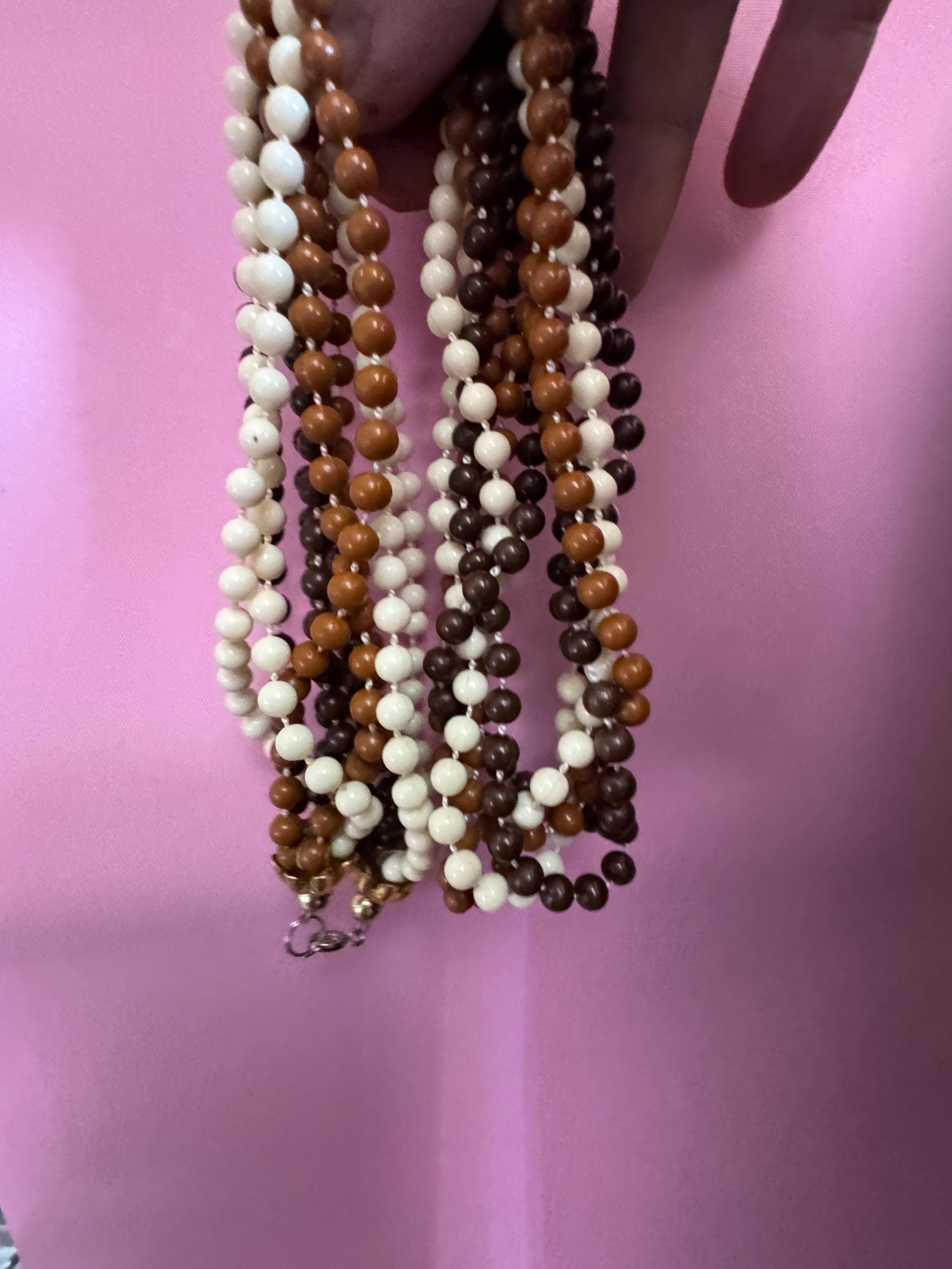Vintage 1960s 6 strand brown cream plastic beaded twisted wide choker collar necklace
