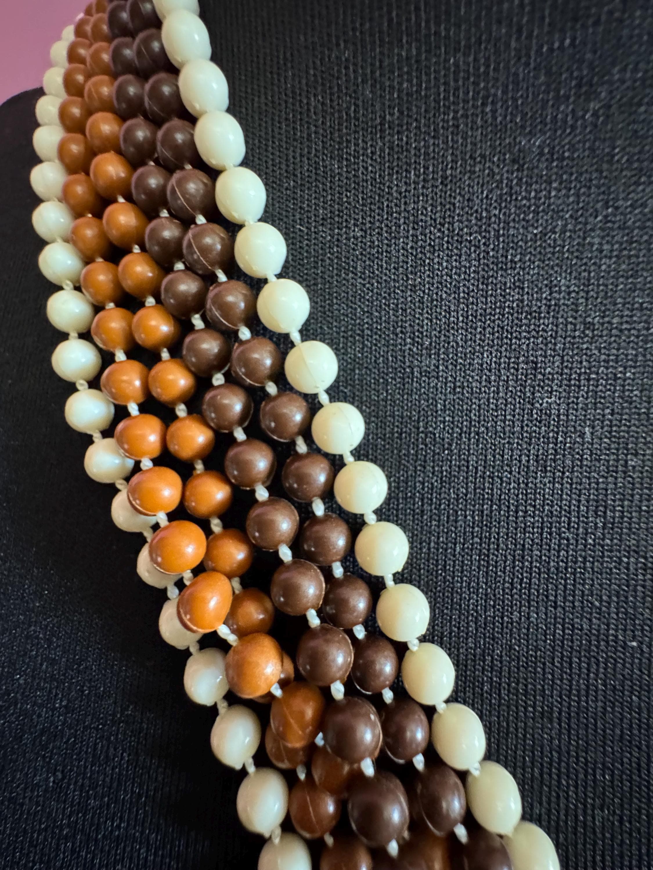 Vintage 1960s 6 strand brown cream plastic beaded twisted wide choker collar necklace