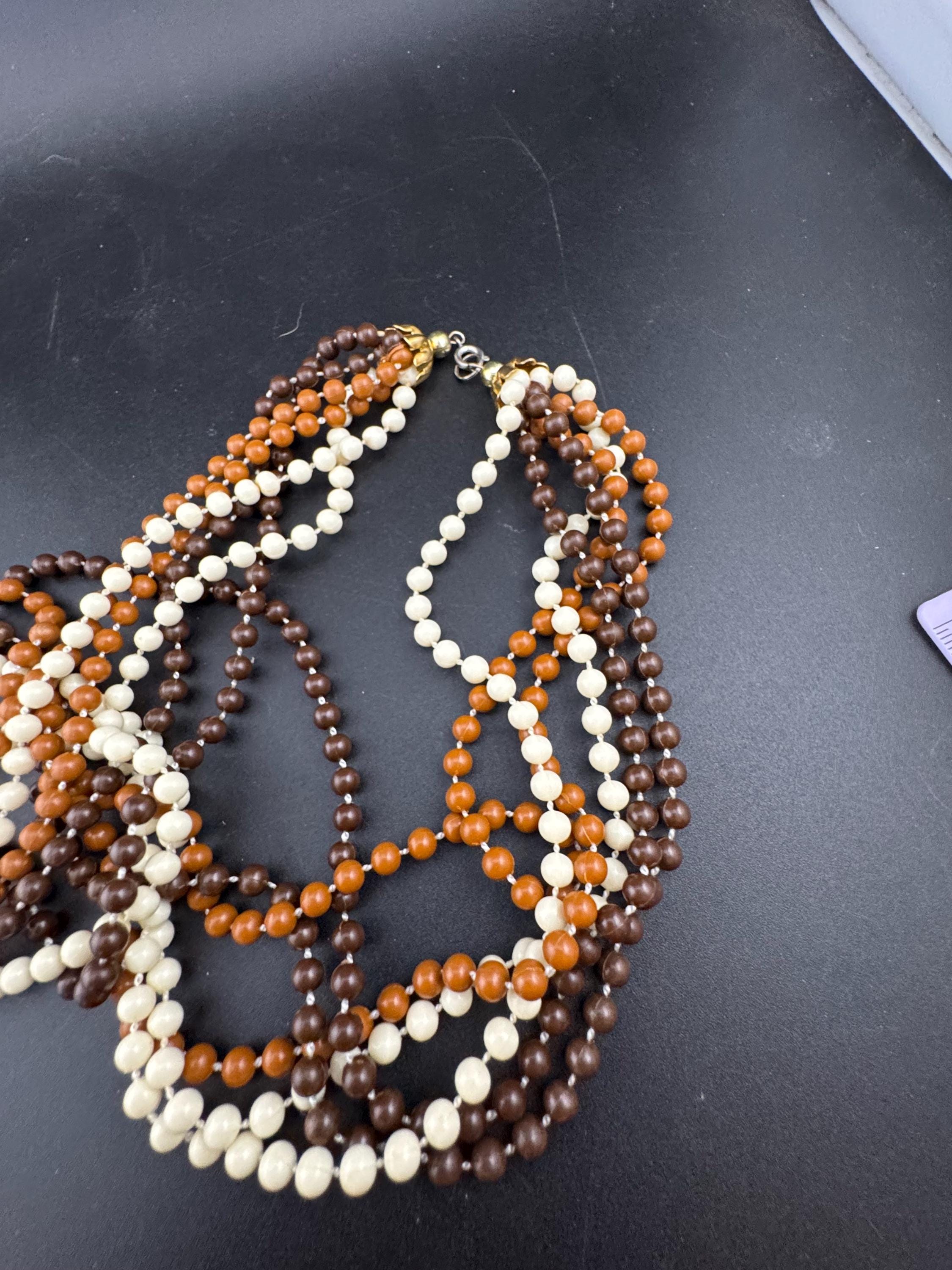 Vintage 1960s 6 strand brown cream plastic beaded twisted wide choker collar necklace