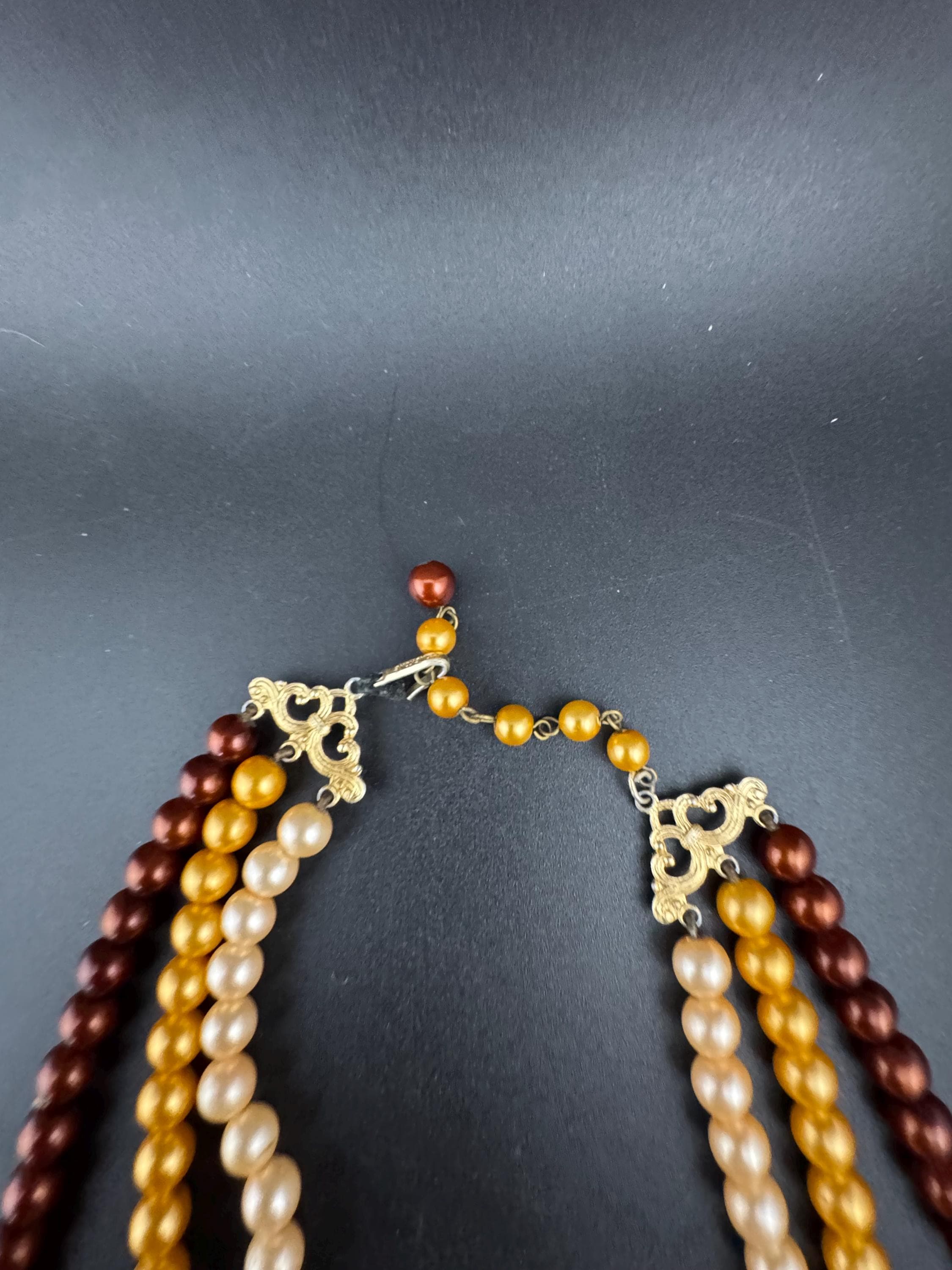 Vintage 1960s 3 row brown orange cream ombre plastic pearl beaded wide choker collar bib waterfall necklace