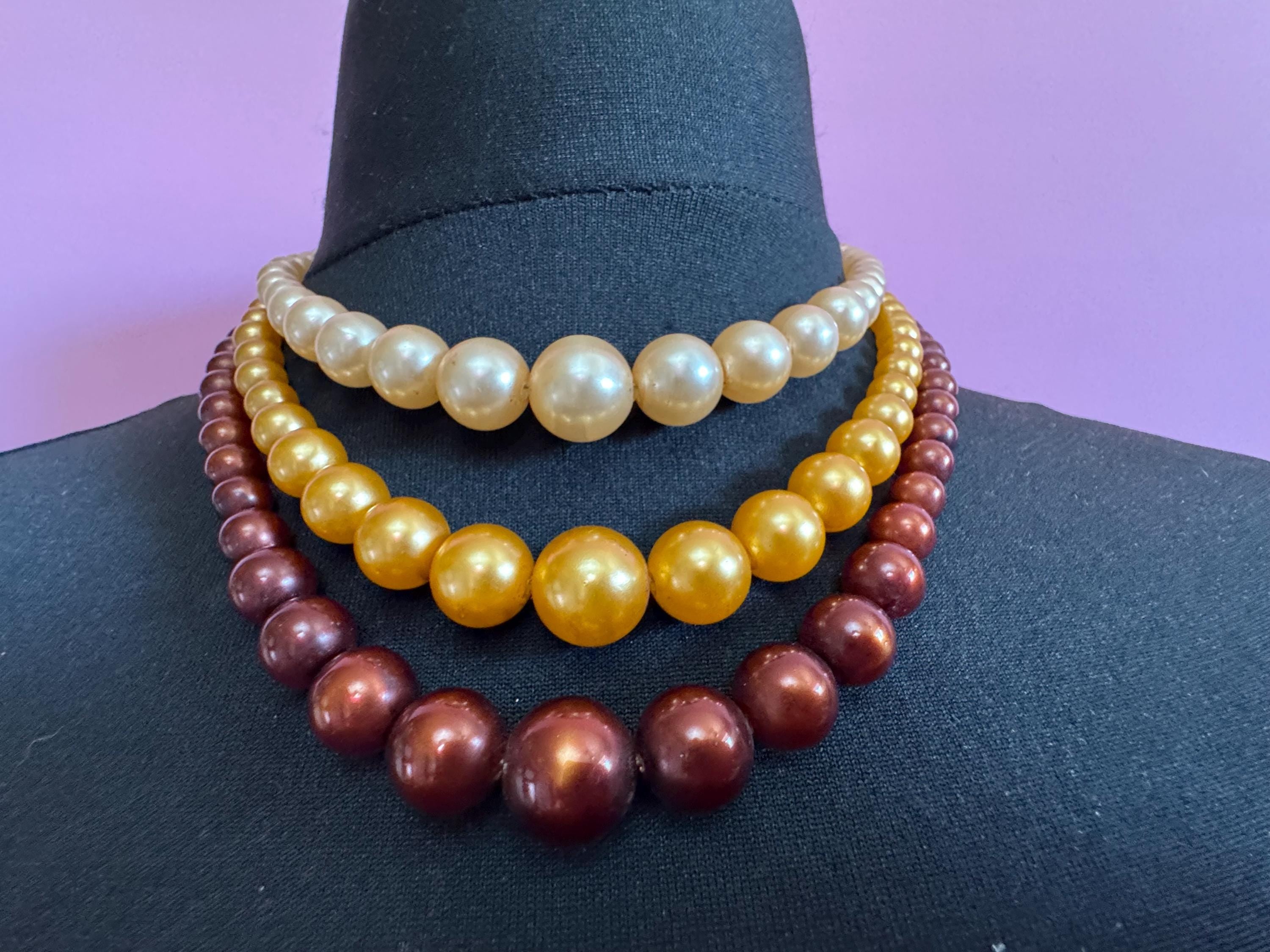 Vintage 1960s 3 row brown orange cream ombre plastic pearl beaded wide choker collar bib waterfall necklace