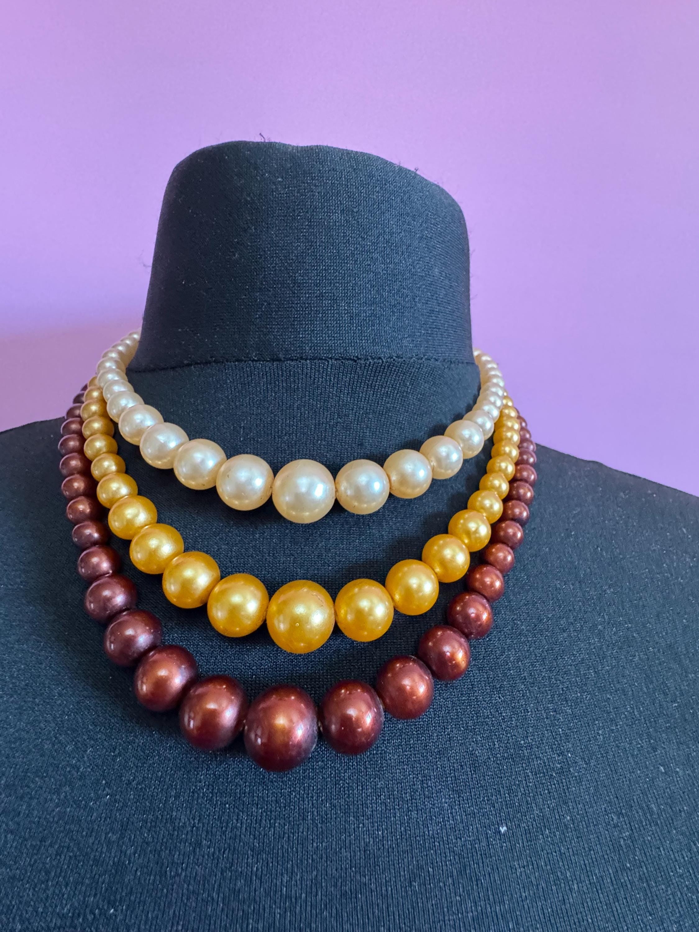 Vintage 1960s 3 row brown orange cream ombre plastic pearl beaded wide choker collar bib waterfall necklace