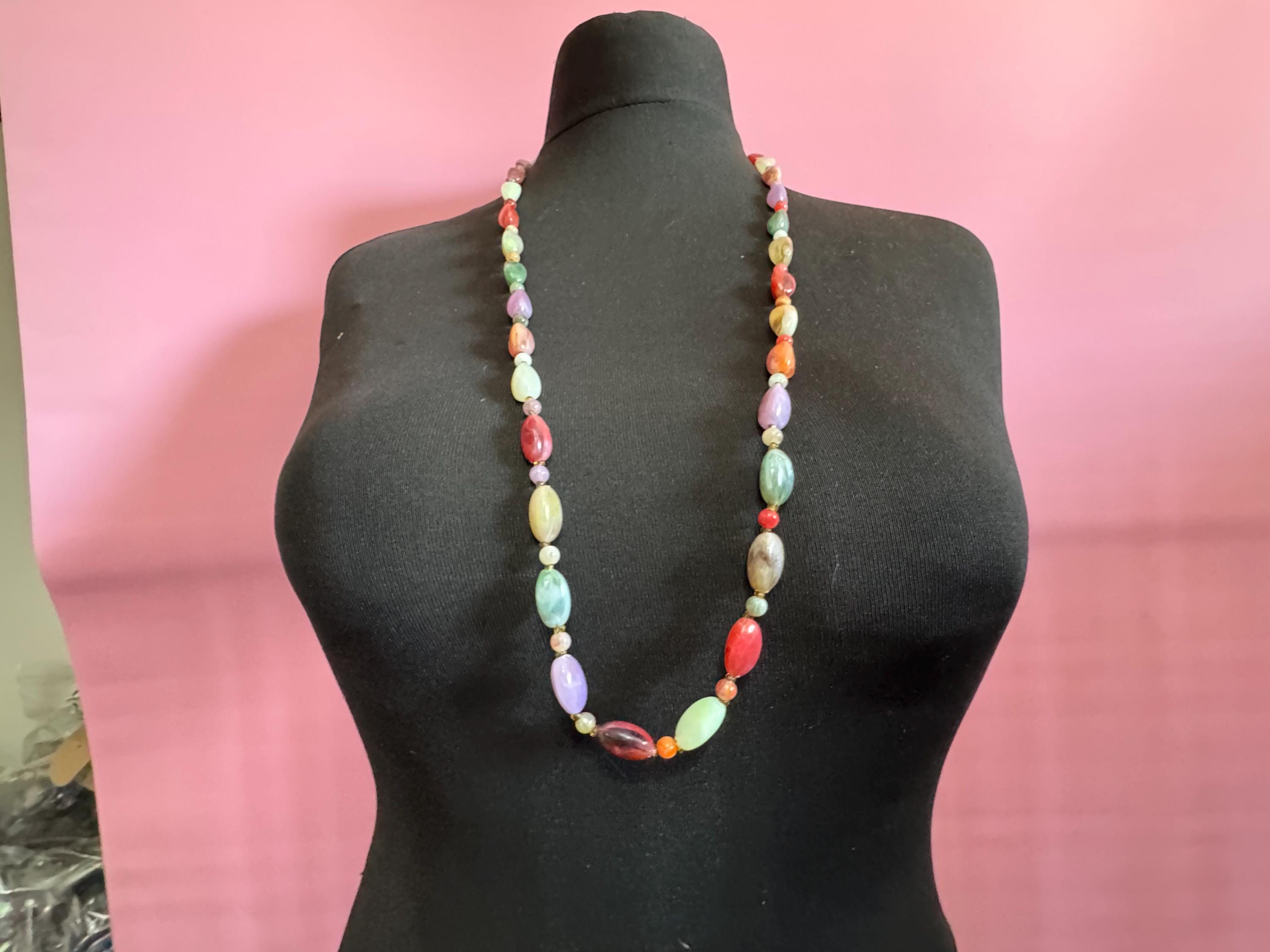 Vintage green purple white and orange plastic pebble beaded necklace 92cm long