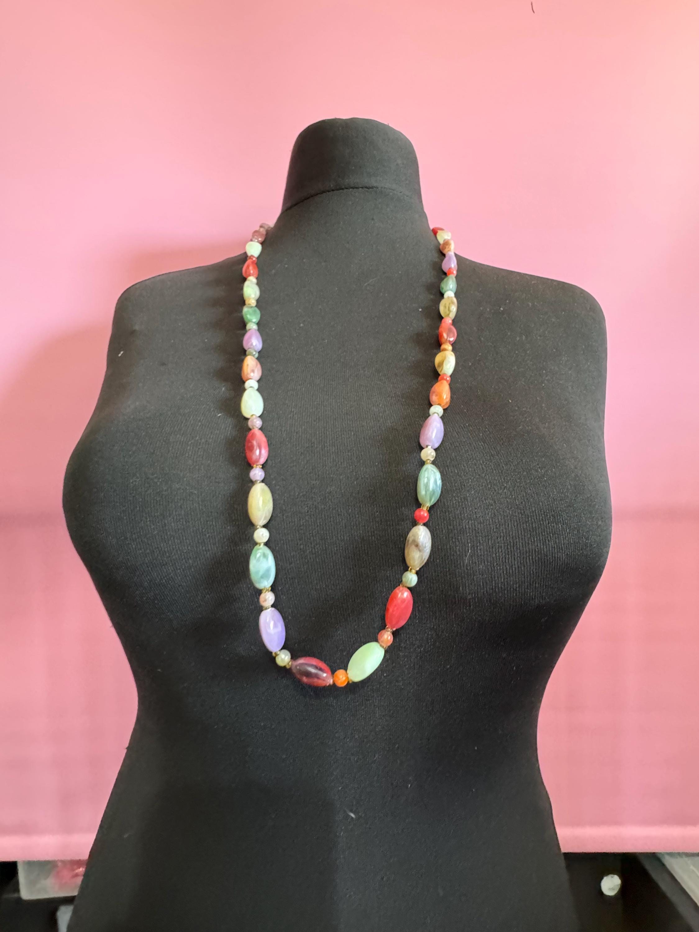 Vintage green purple white and orange plastic pebble beaded necklace 92cm long
