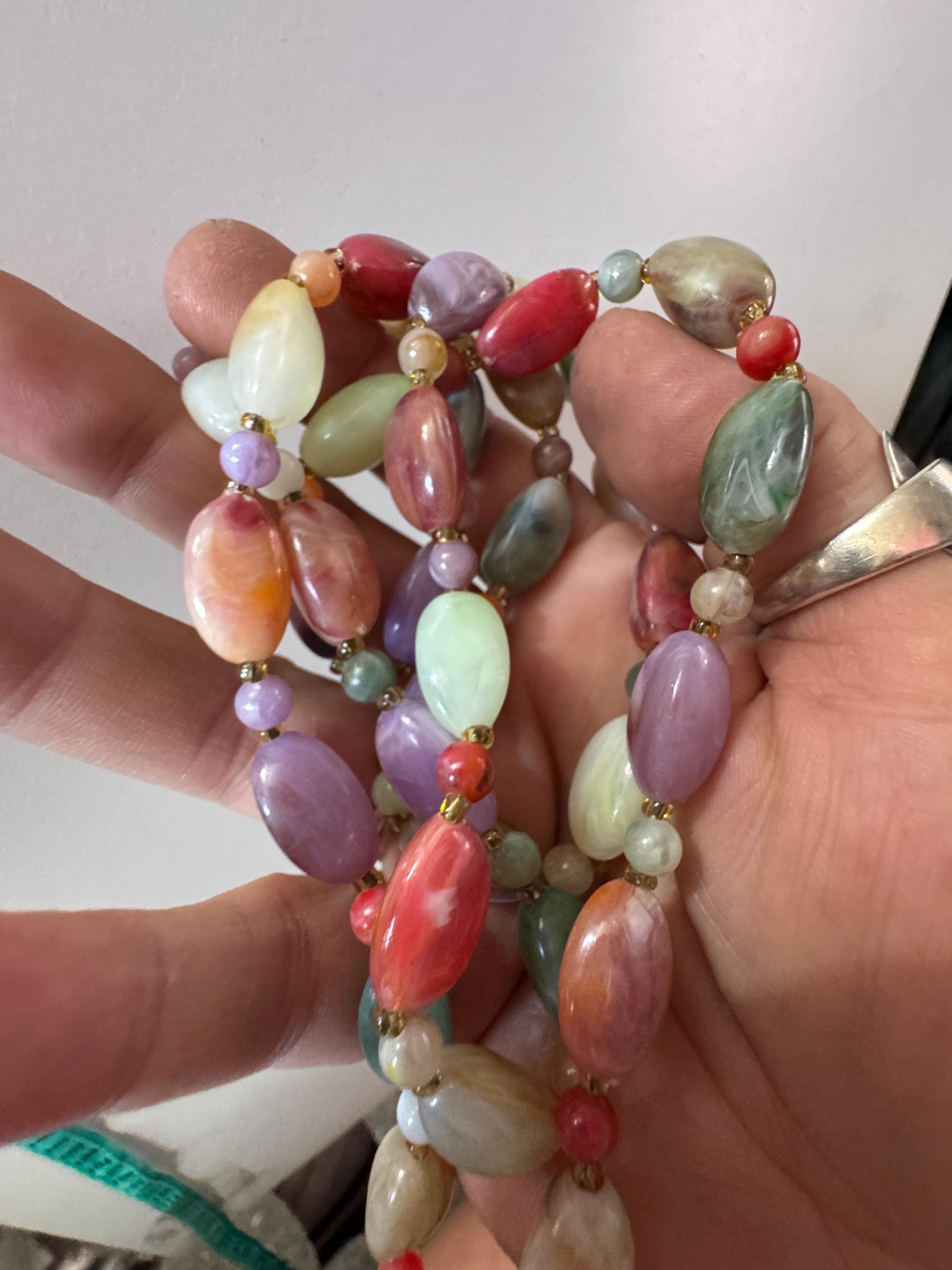 Vintage green purple white and orange plastic pebble beaded necklace 92cm long