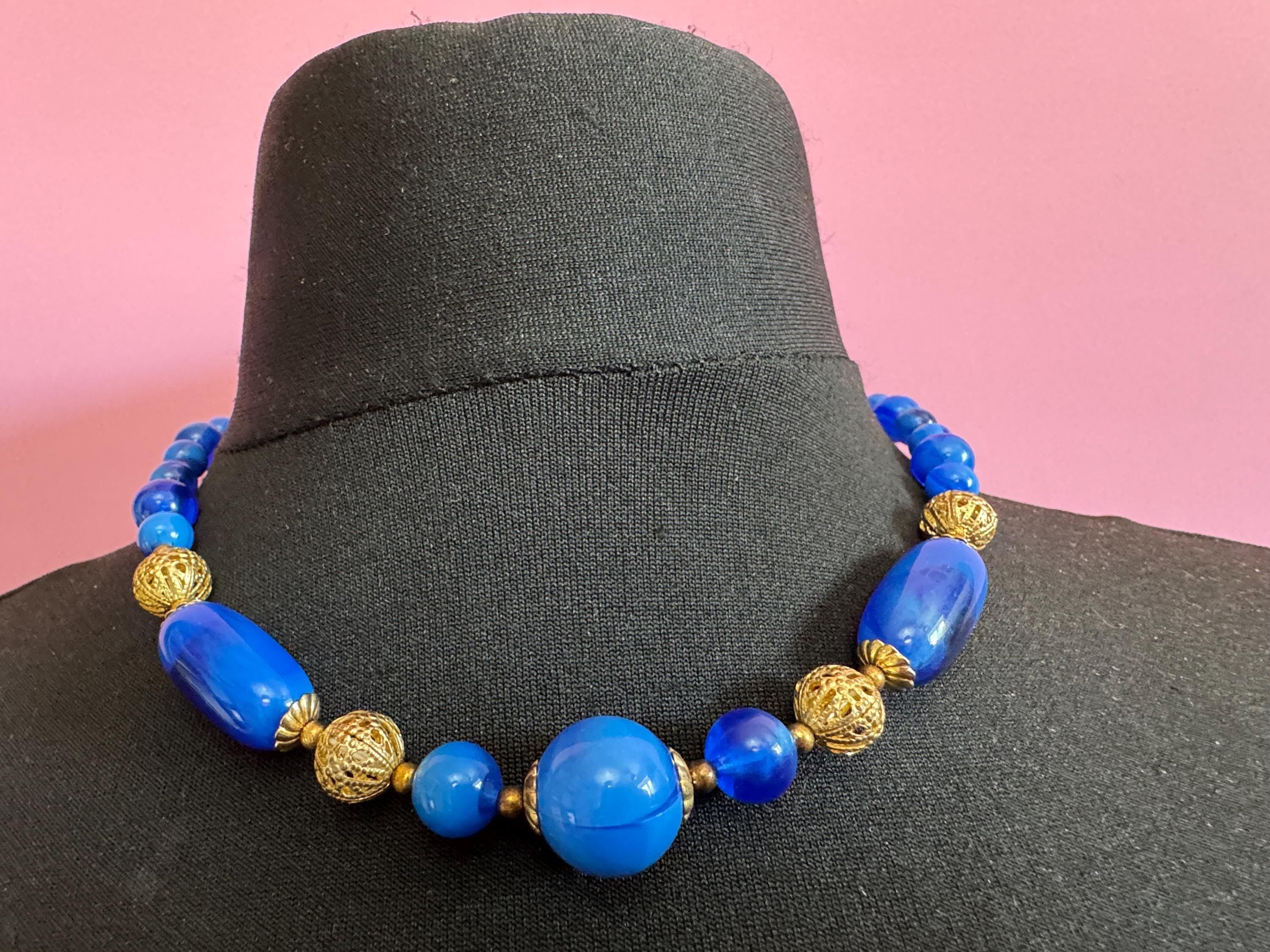 Retro 1980s vintage 47cm bright blue and gold plastic beaded necklace