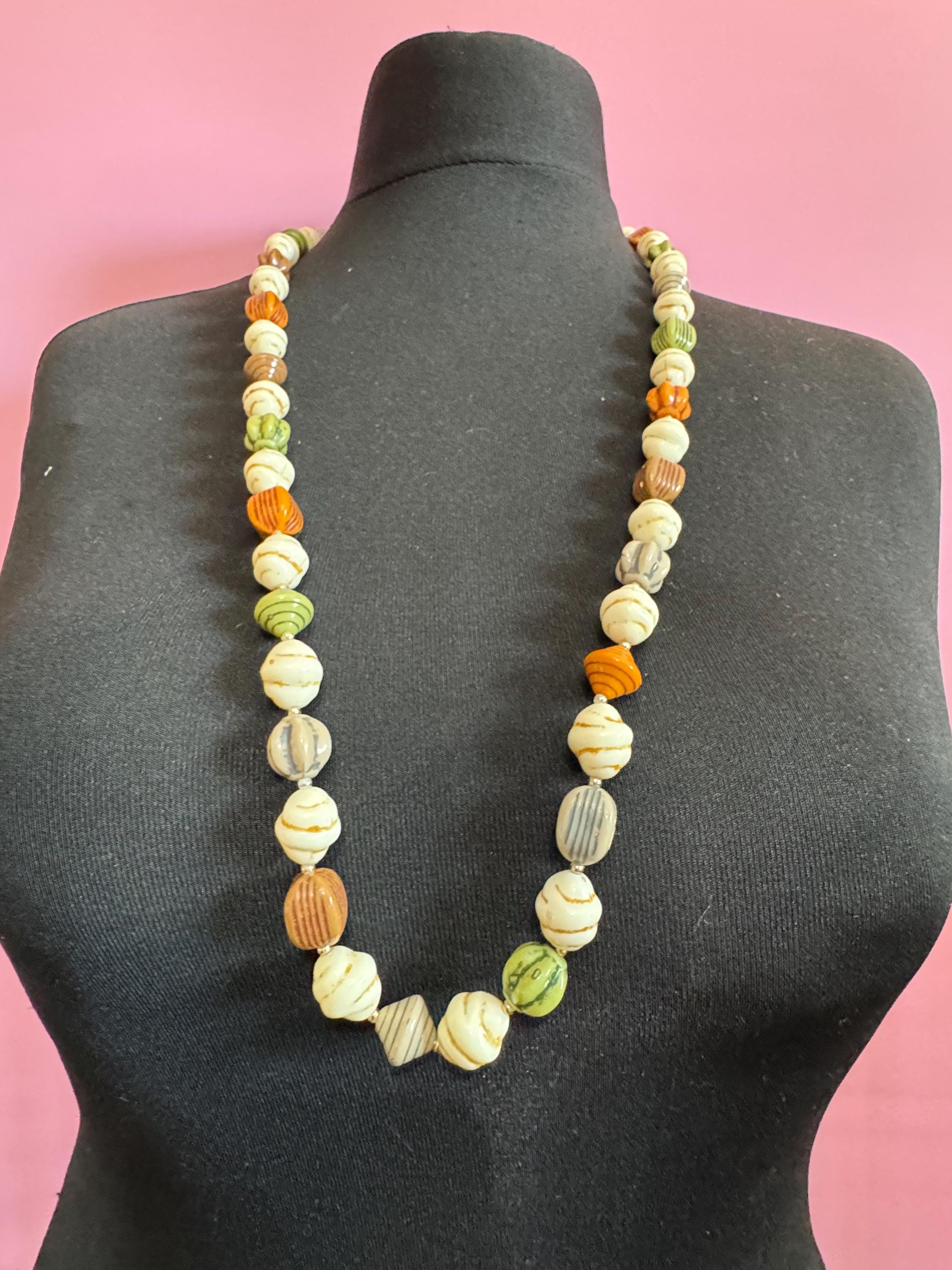 Vintage 1960s brown cream and green plastic beaded long pebble necklace 90cm
