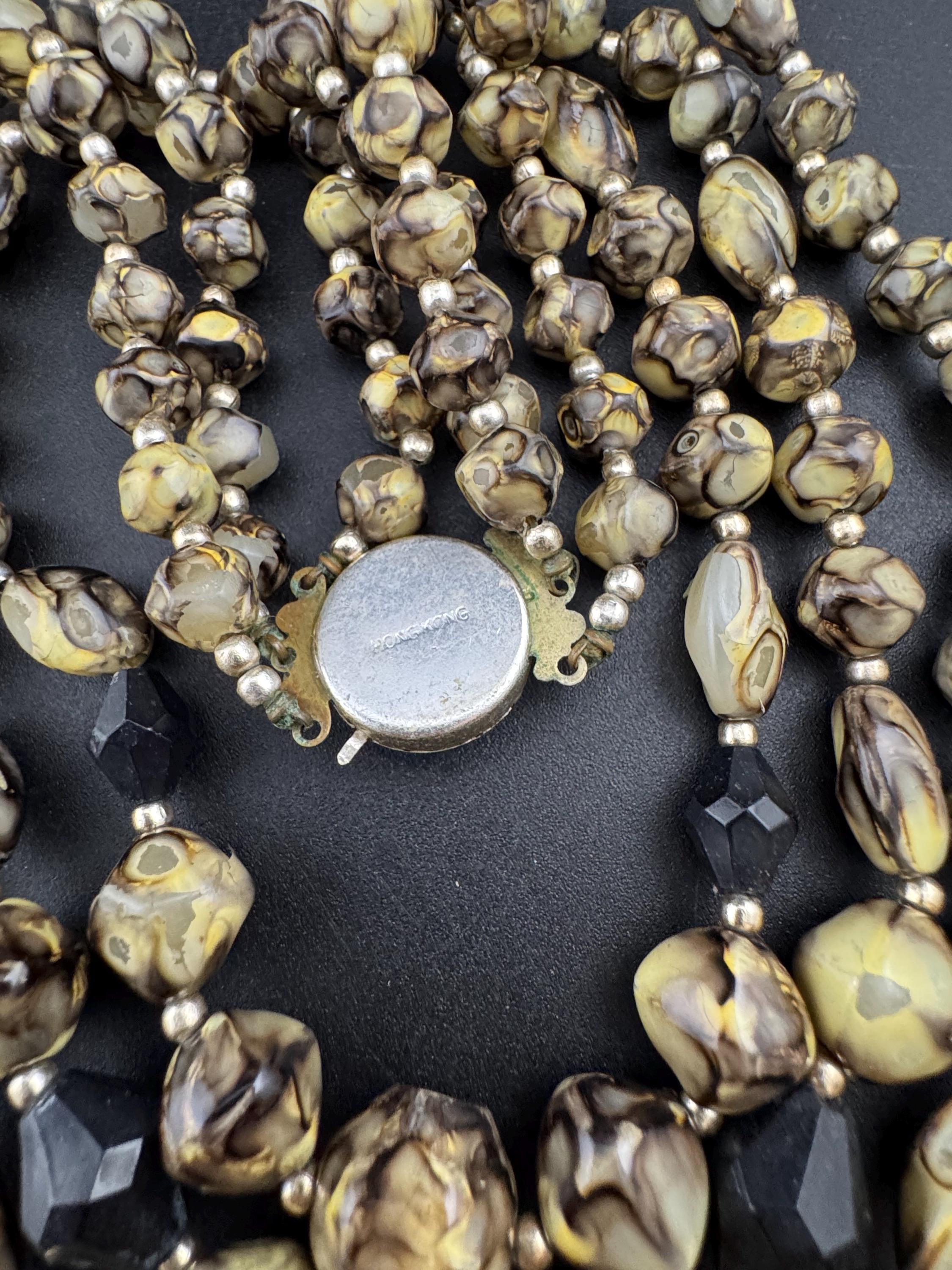 Vintage Hong Kong 3 triple strand row khaki green cream beaded Multistrand choker necklace