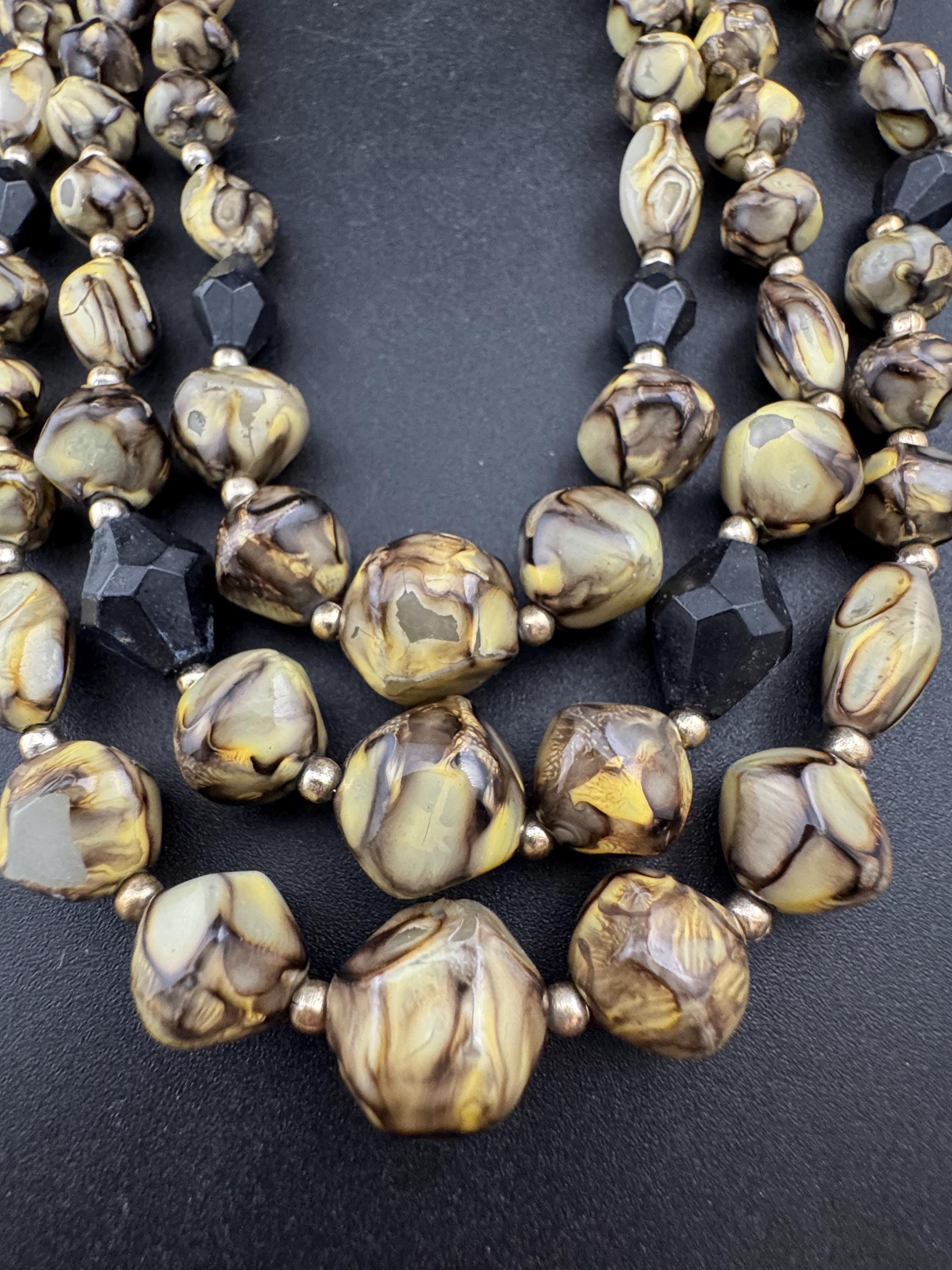 Vintage Hong Kong 3 triple strand row khaki green cream beaded Multistrand choker necklace