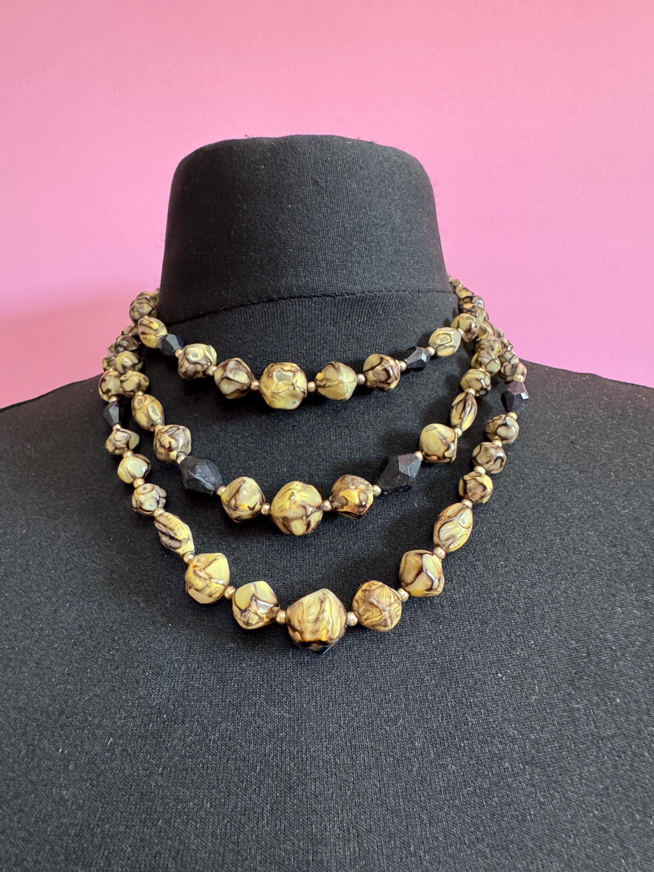 Vintage Hong Kong 3 triple strand row khaki green cream beaded Multistrand choker necklace