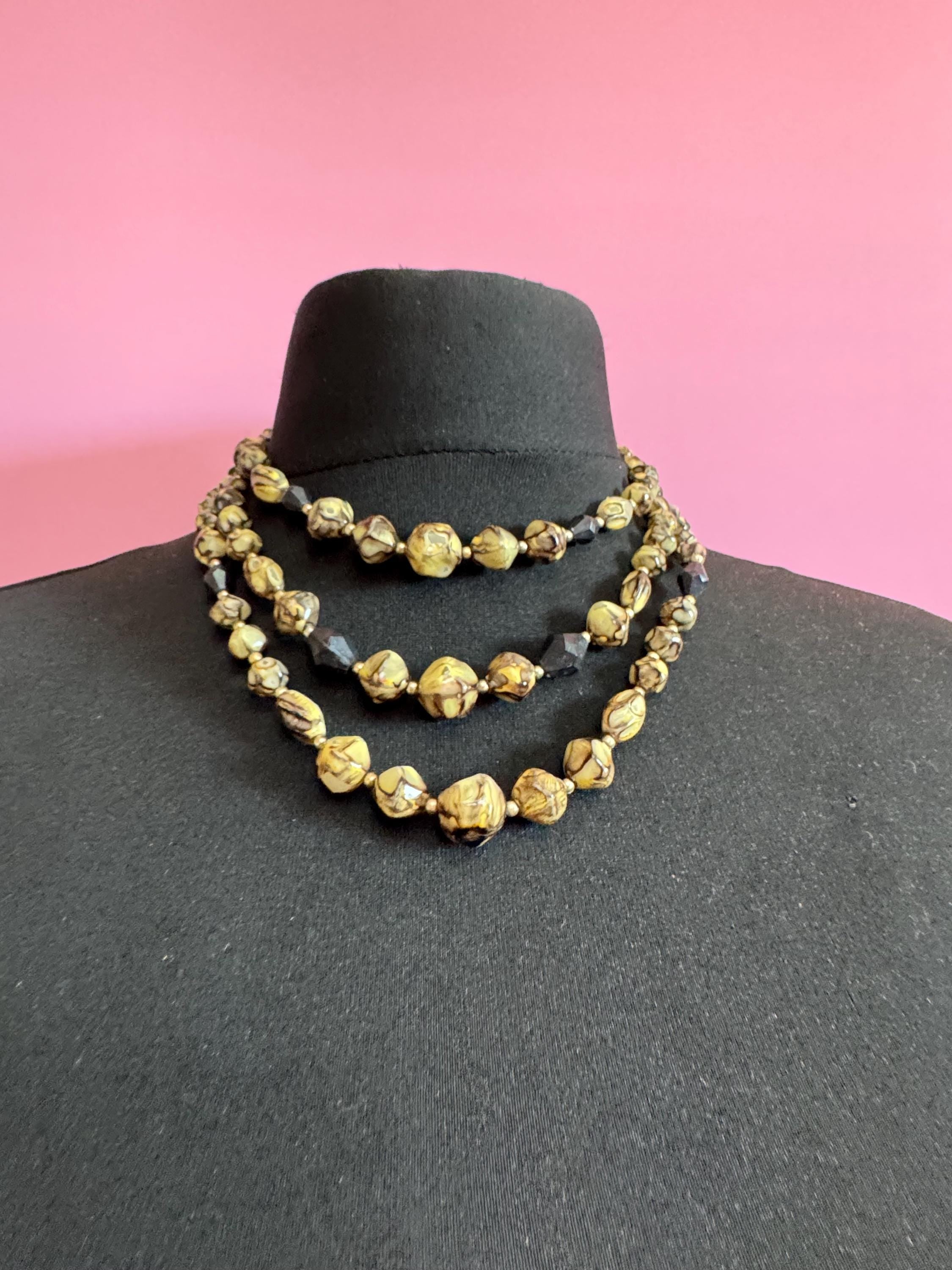 Vintage Hong Kong 3 triple strand row khaki green cream beaded Multistrand choker necklace