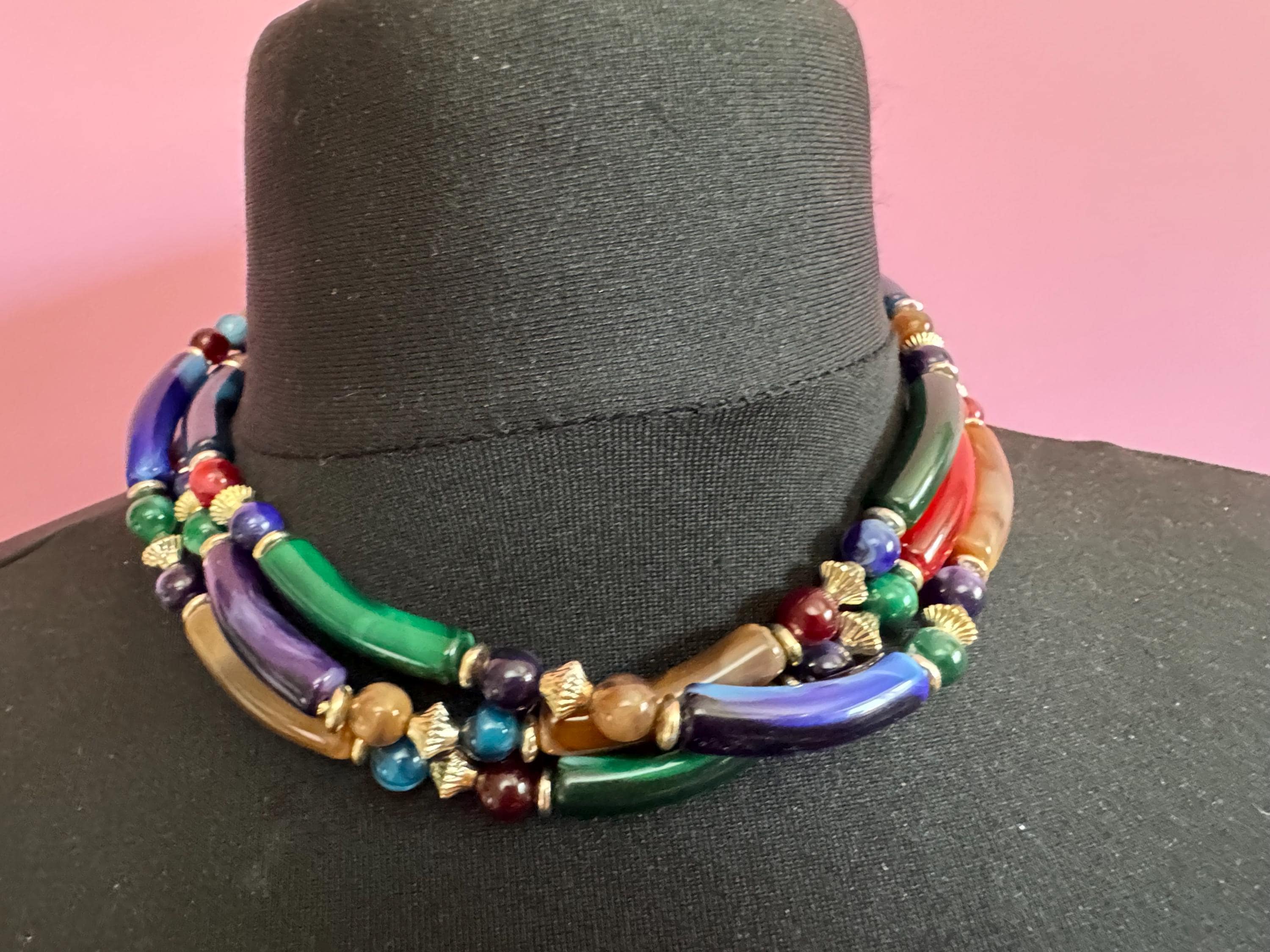 Vintage stunning green purple brown and red plastic tubular beaded lucite Multistrand wrap collar necklace 45cm