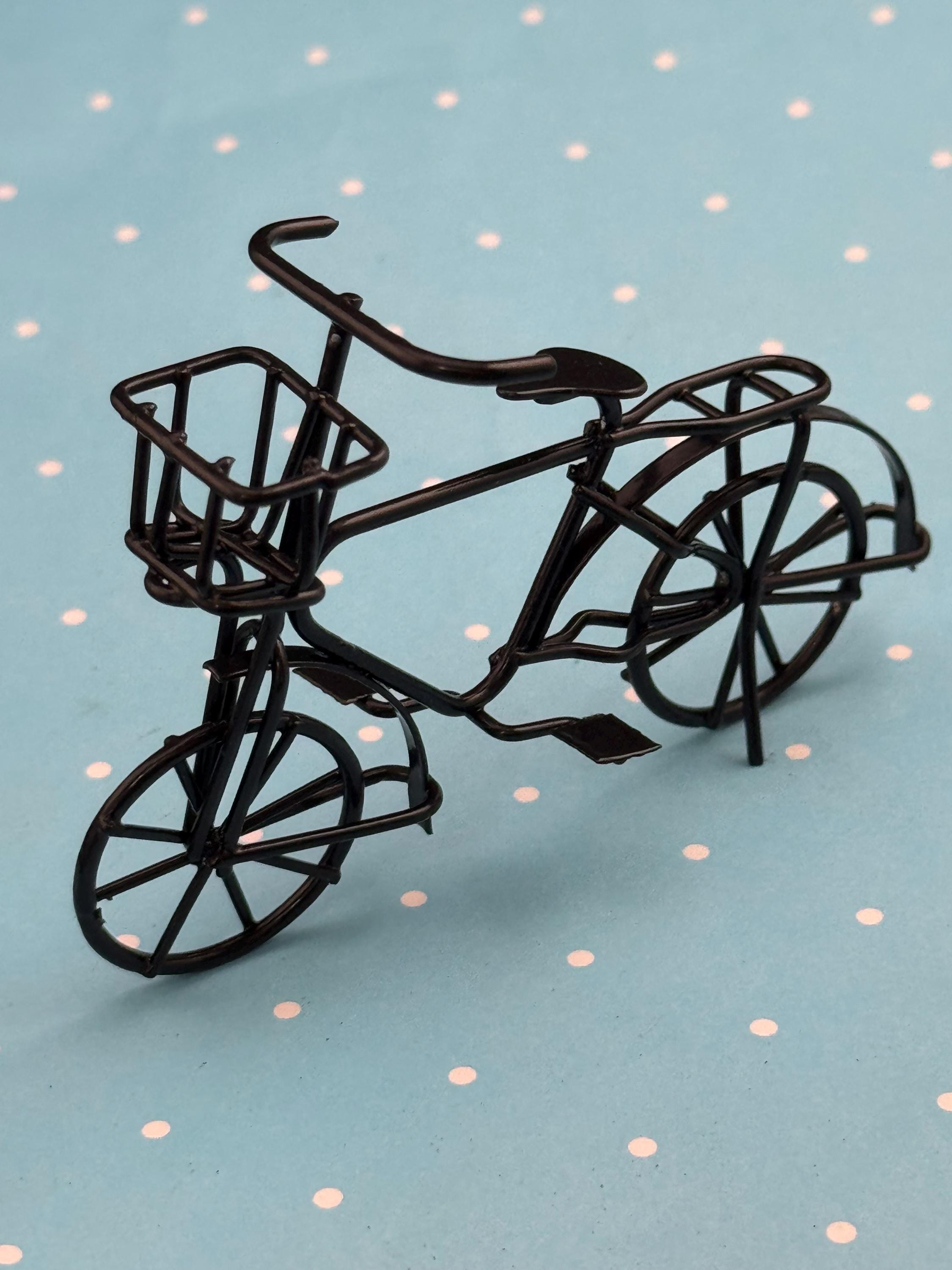 Miniature push bike with basket cake topper ,vintage style antique black