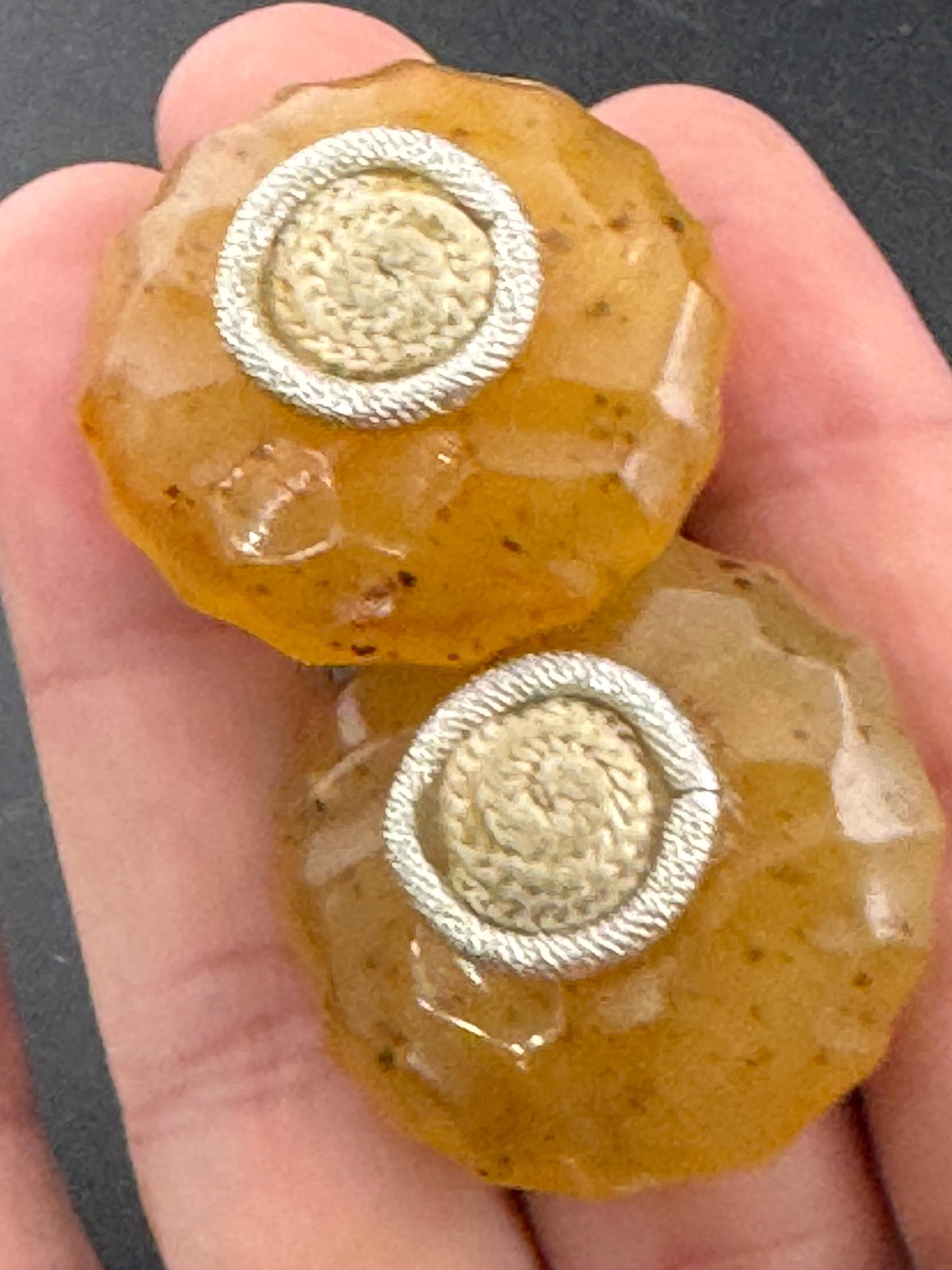 Signed Margherita Buonanno Italian Oversized 3.5cm vintage dark yellow Big domed plastic Clip On Earrings with silver tone thread