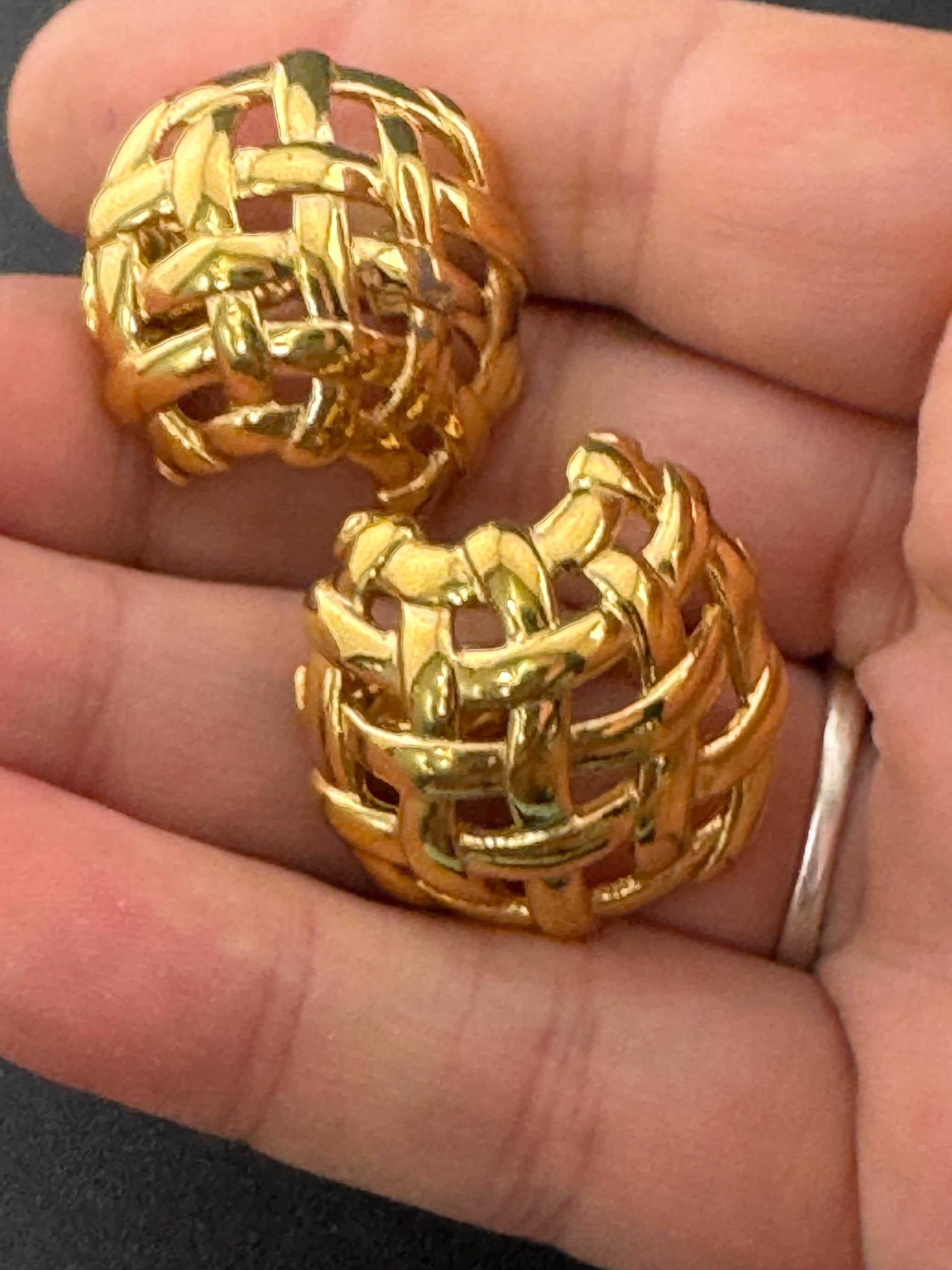 Signed MONET Gold tone textured woven domed basket weave clip on earrings