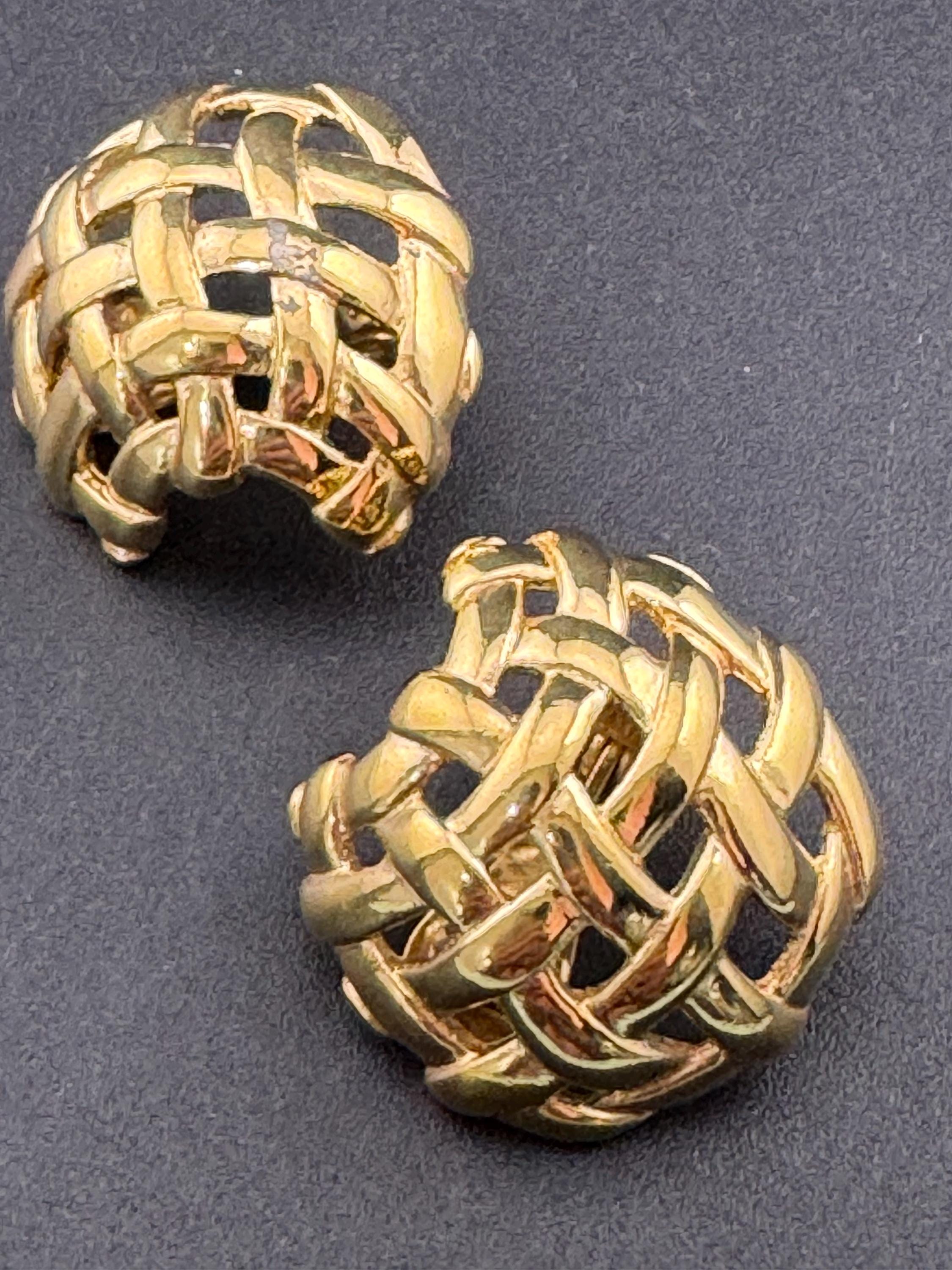 Signed MONET Gold tone textured woven domed basket weave clip on earrings