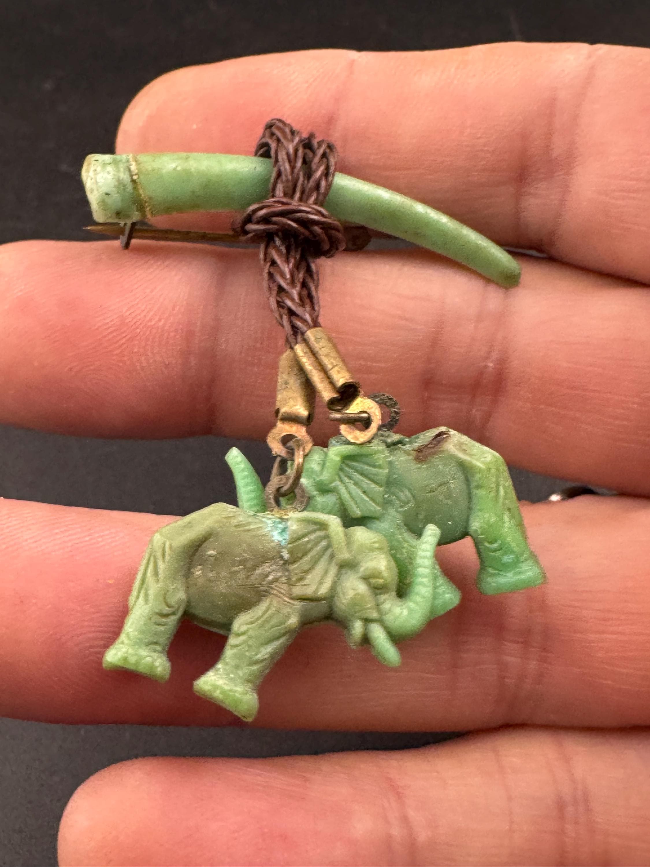 Art Deco Green Elephant Brooch: Vintage Celluloid Pendant, 1930s Kitsch