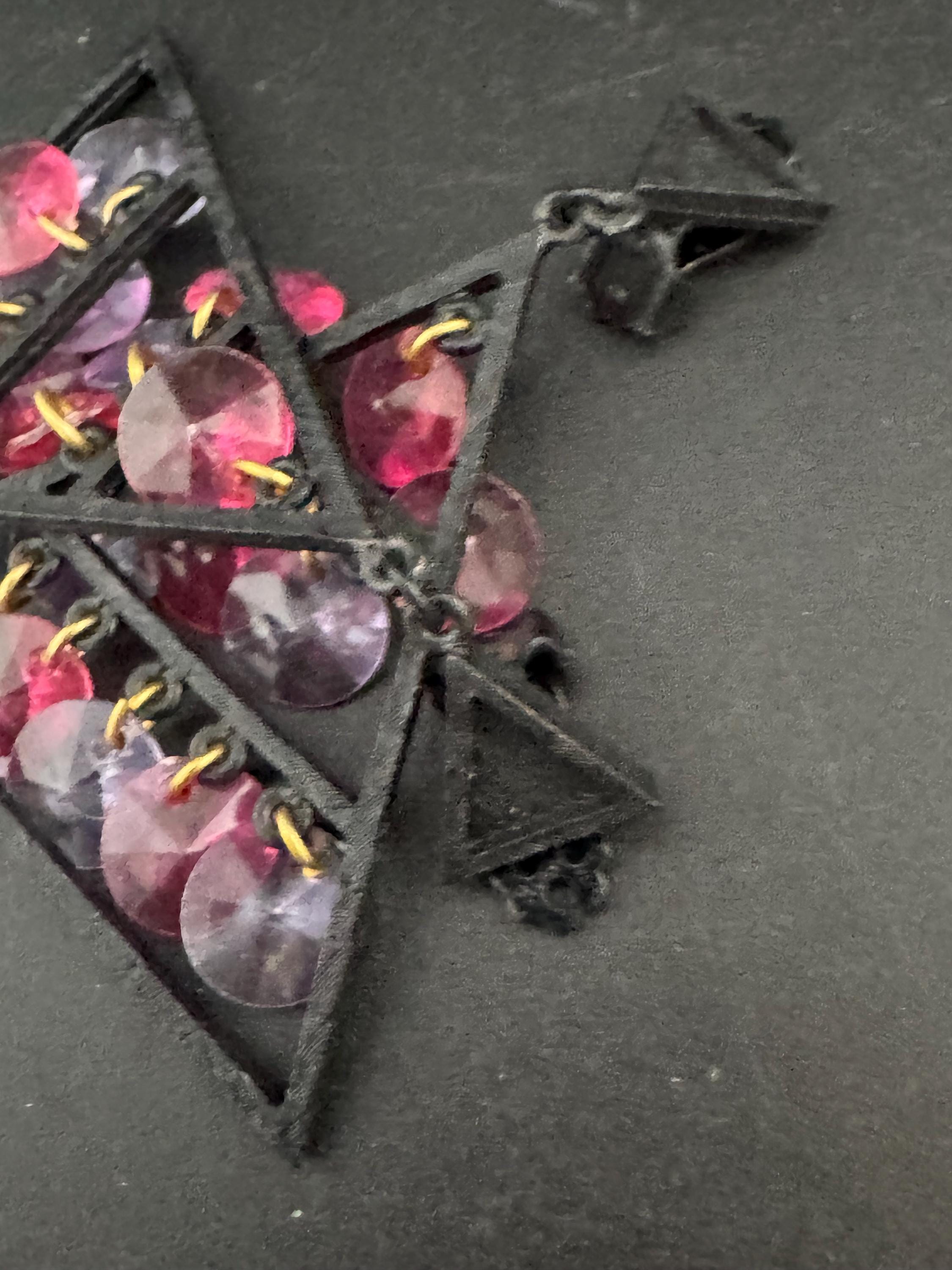Vintage black plastic triangular pink and purple beaded dangly clip on earrings 7cm