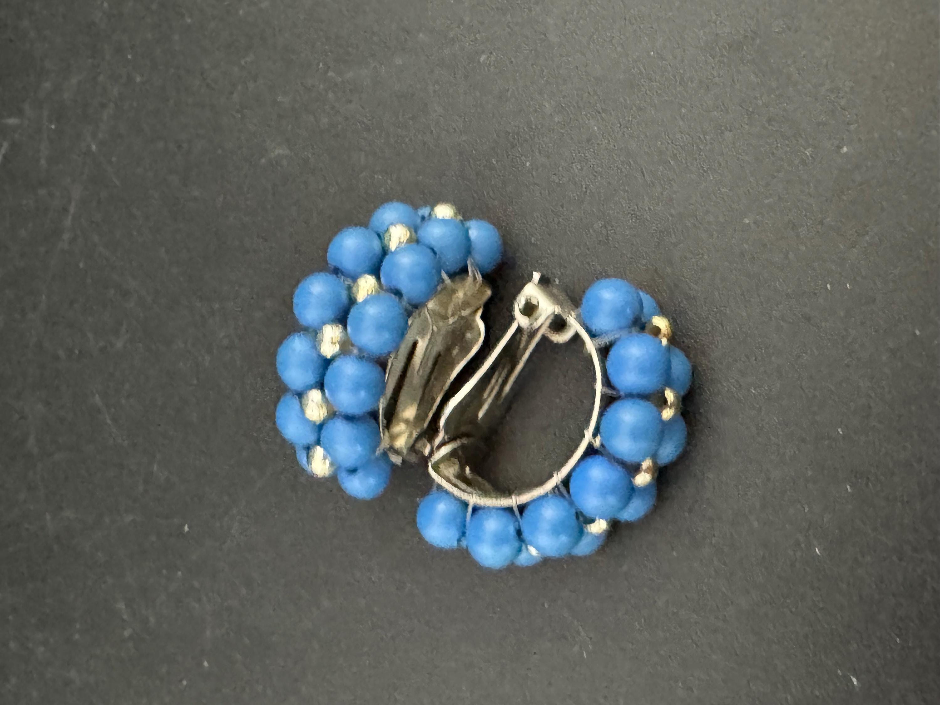 Vintage half hoop gold tone blue  beaded clip on earrings