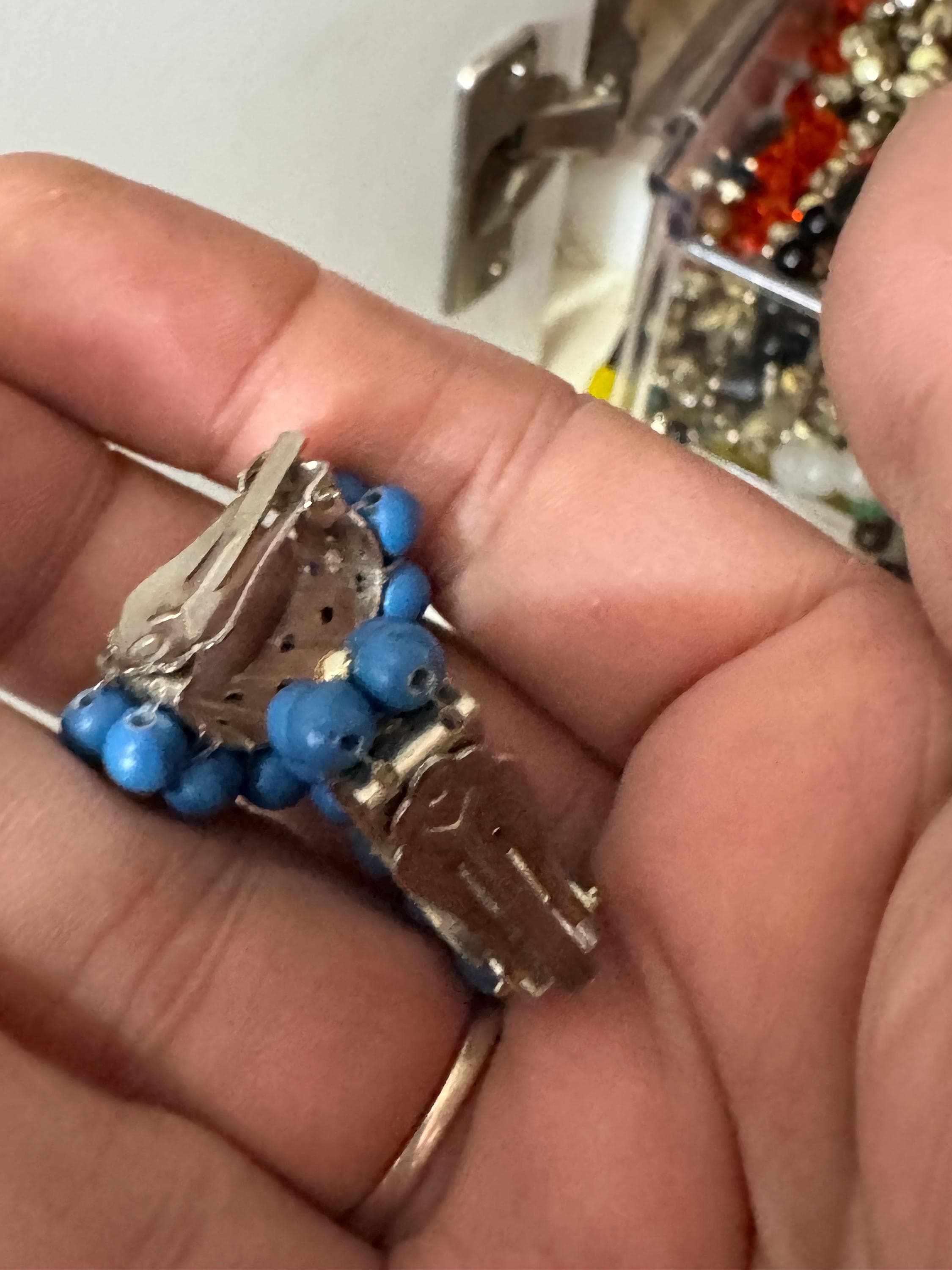 Vintage half hoop gold tone blue  beaded clip on earrings