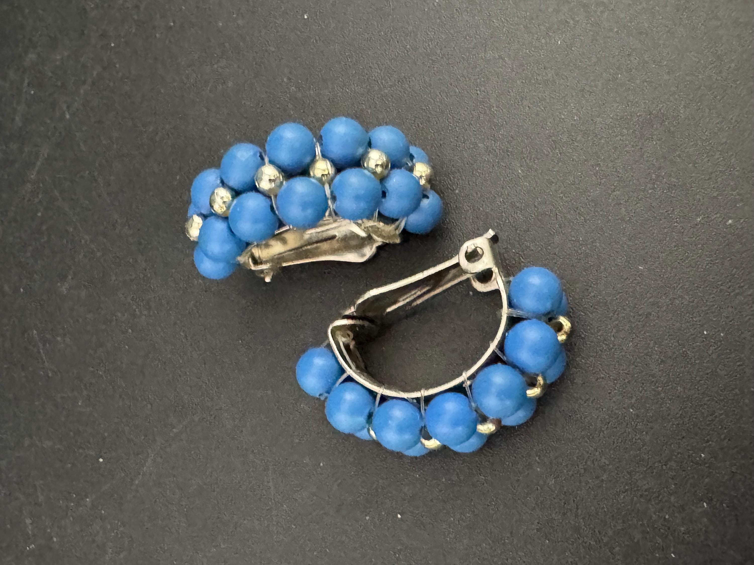 Vintage half hoop gold tone blue  beaded clip on earrings