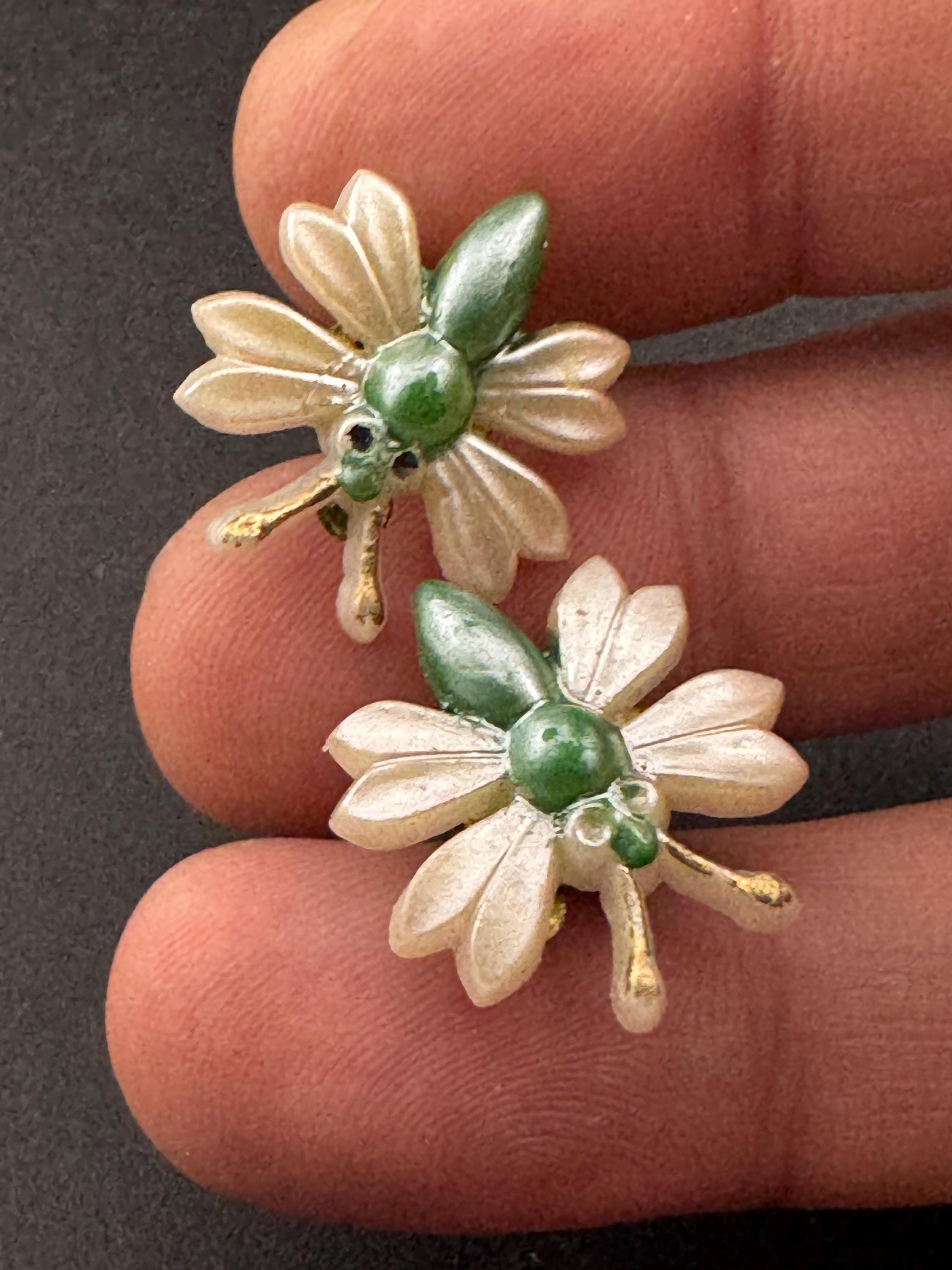 Vintage cute cream and green small faux Pearl plastic butterfly stud clip on earrings mid century