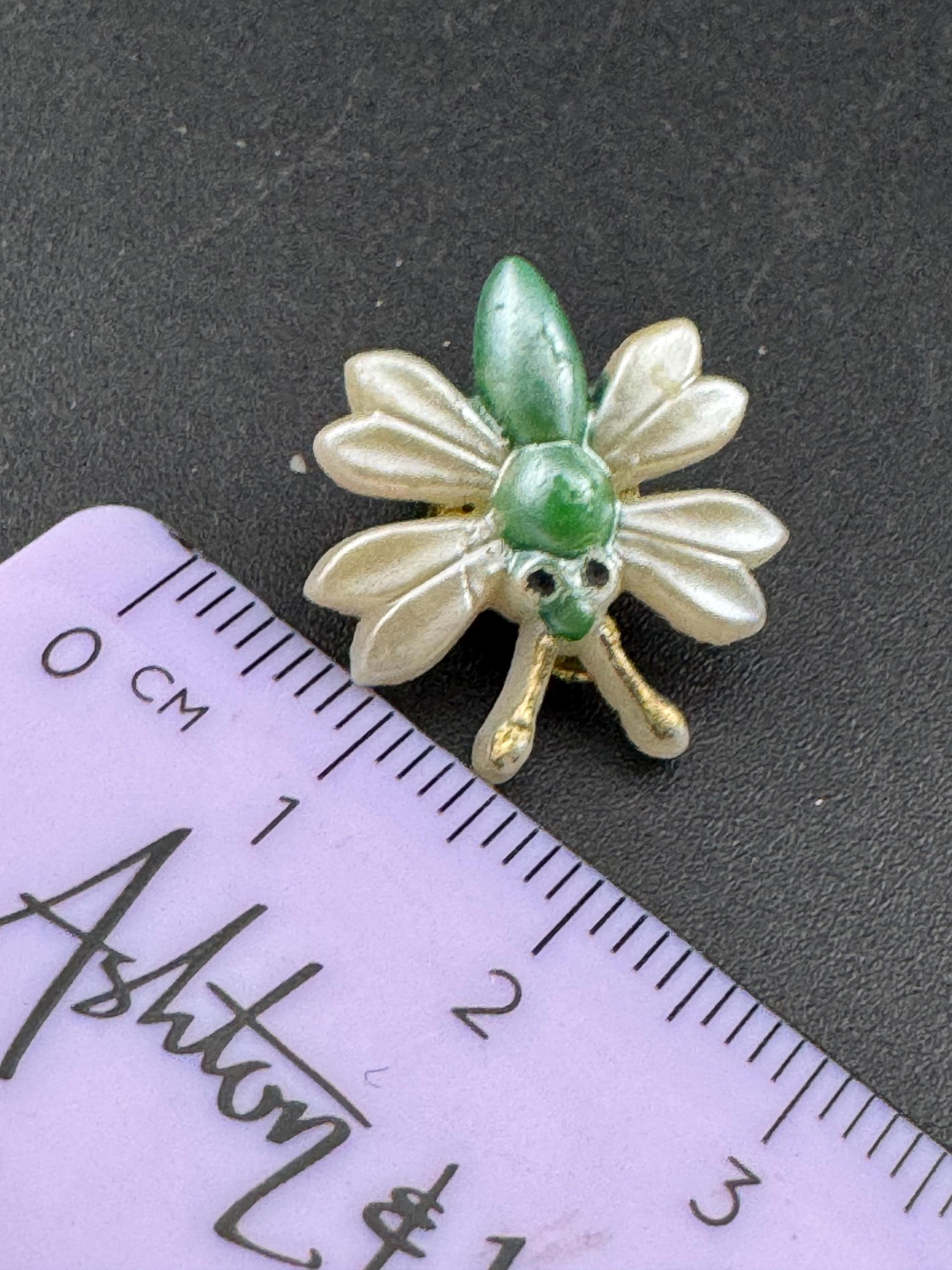 Vintage cute cream and green small faux Pearl plastic butterfly stud clip on earrings mid century