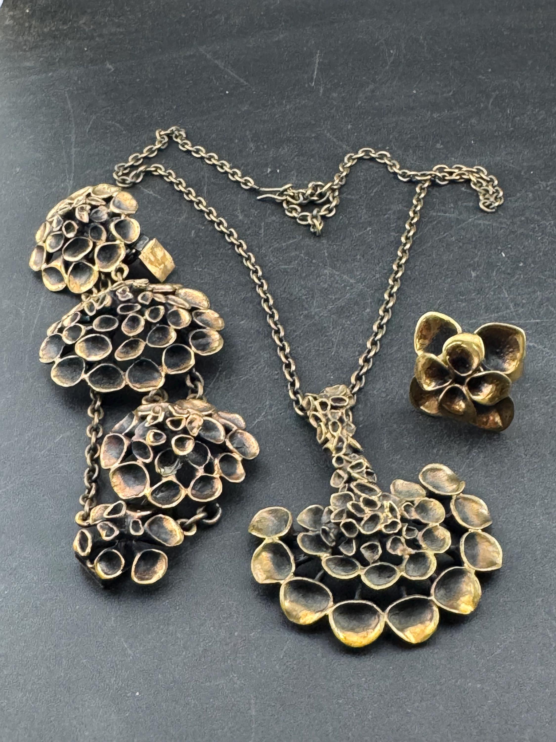 Vintage Bronze Reindeer Moss Jewelry Set: Hannu Ikonen Valo Koru, Finland