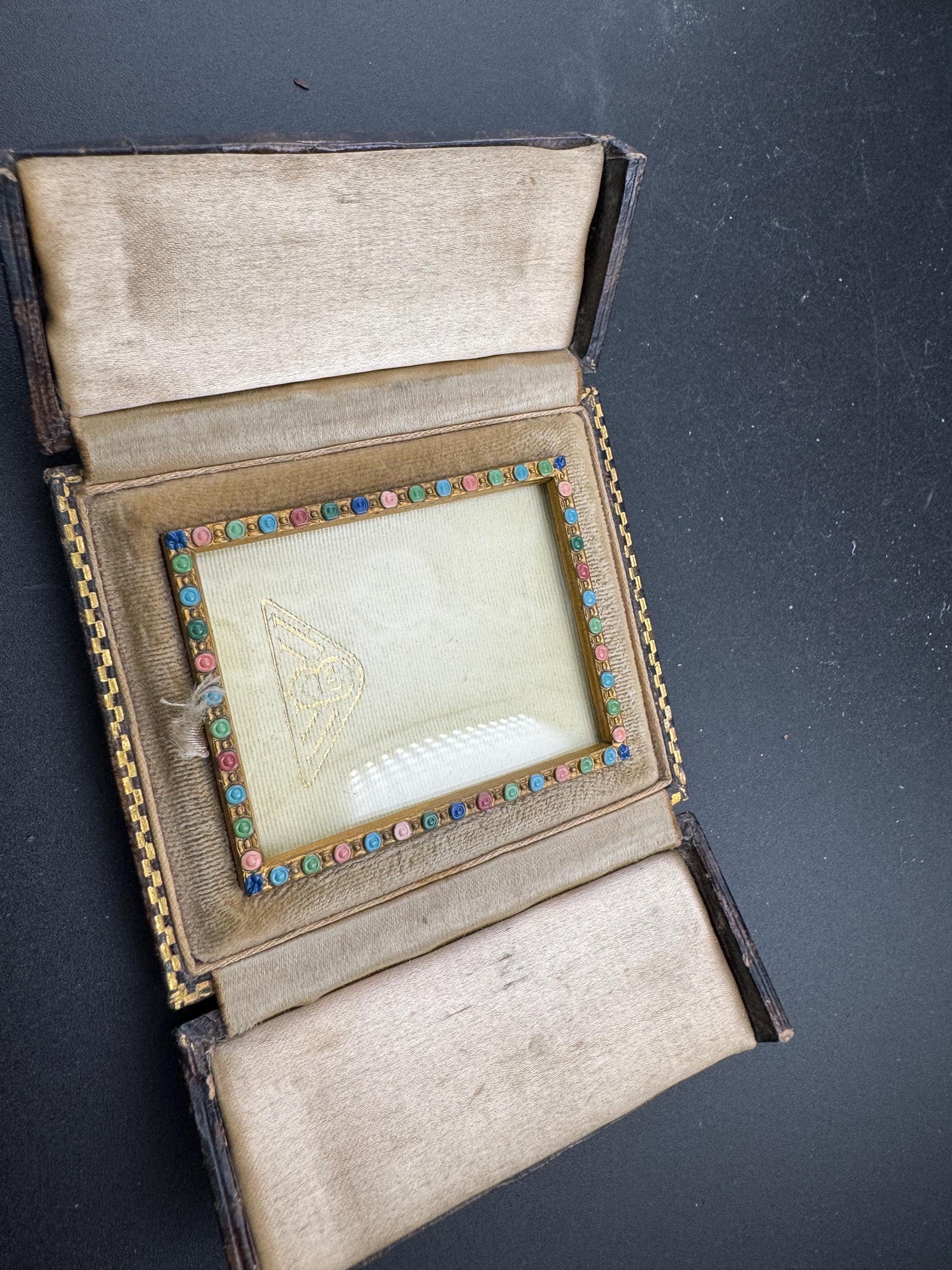 Antique Vintage Brass gold tone miniature Photo picture frame in leather tooled case Keepsake Memorial Victorian