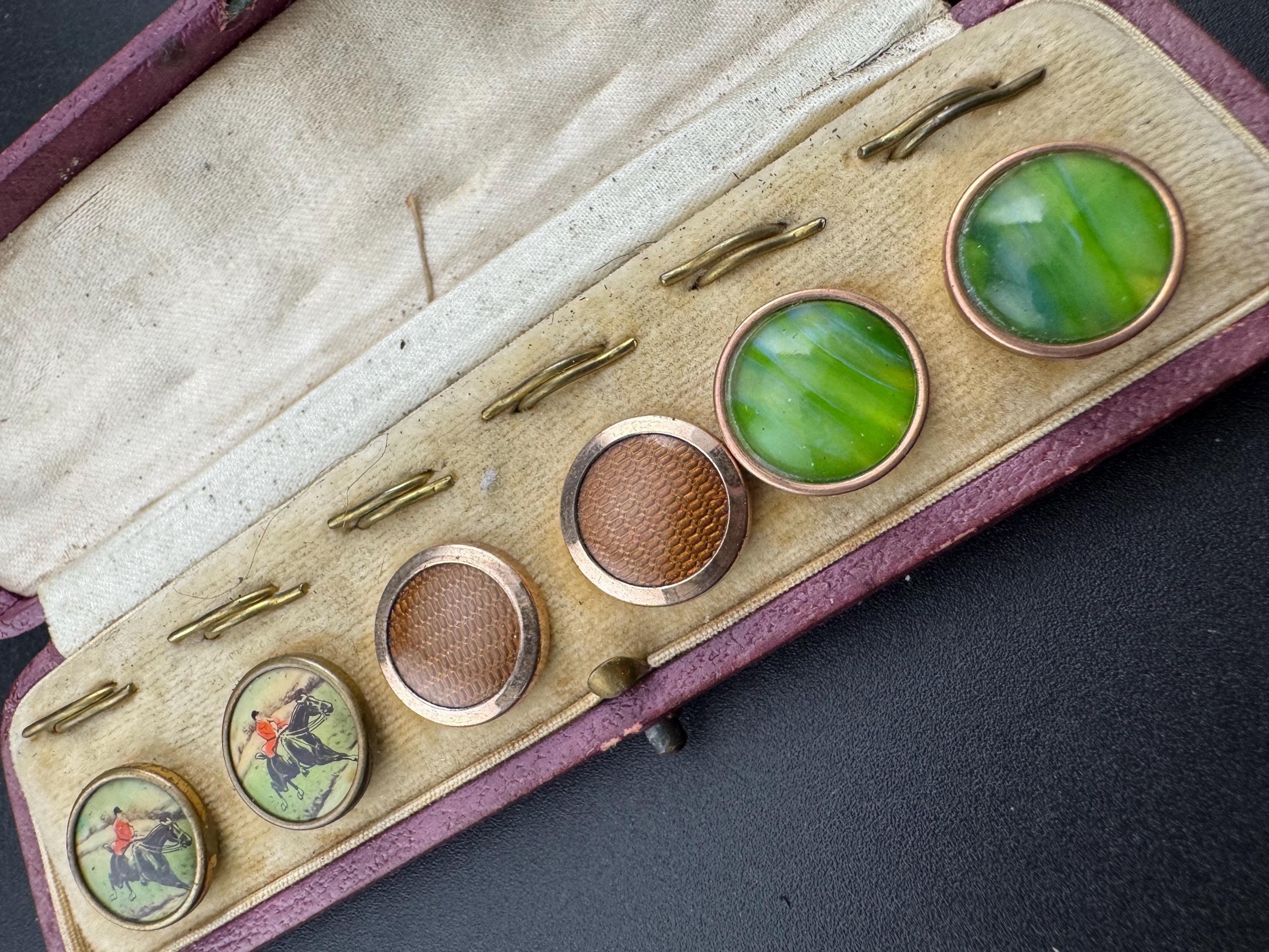 Antique Equestrian Shirt Stud Set: Green Iridescent & Brown, Tooled Leather Case