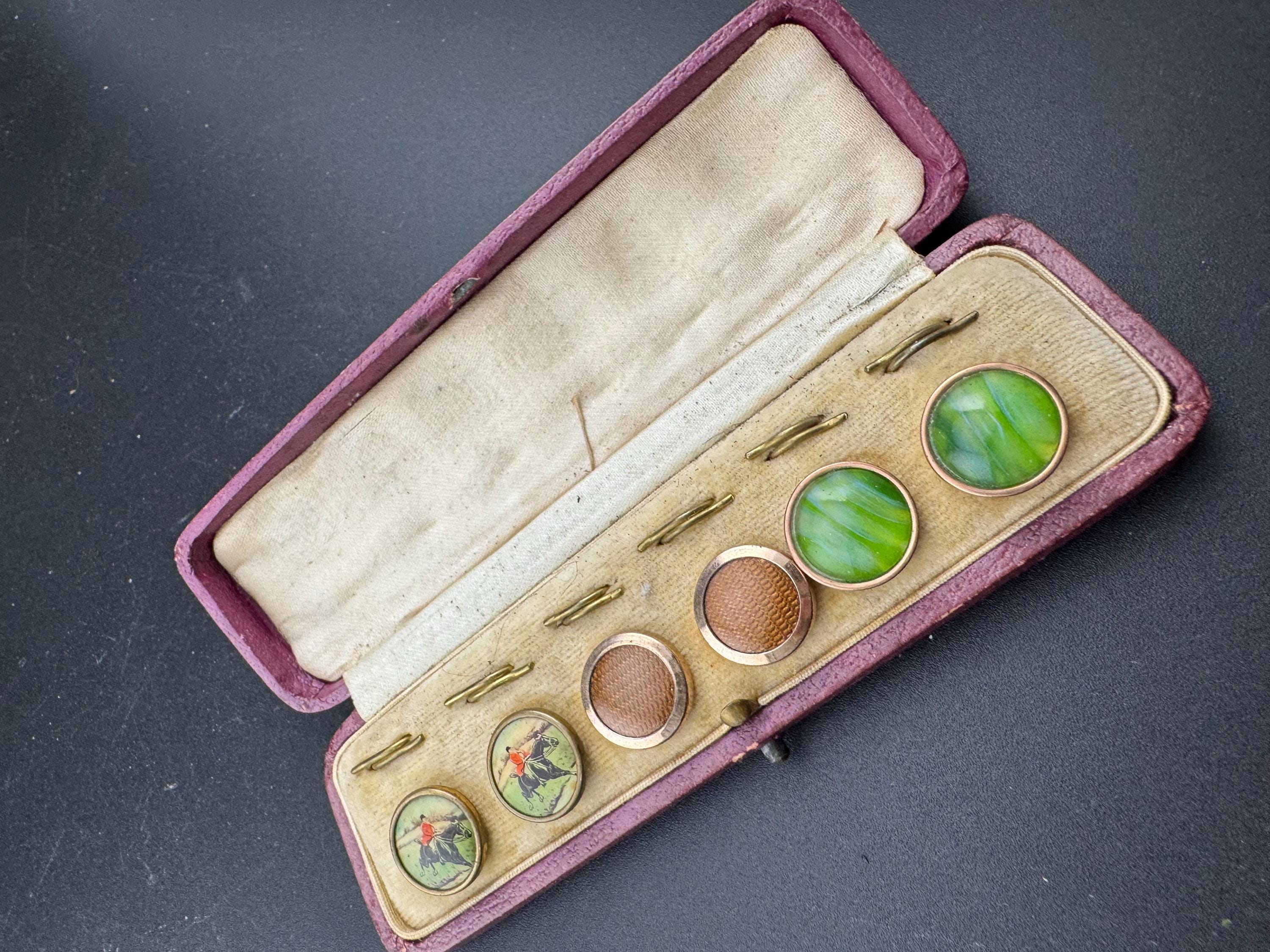 antique boxed set of men’s shirt studs equestrian green and brown in original tooled leather case with clips