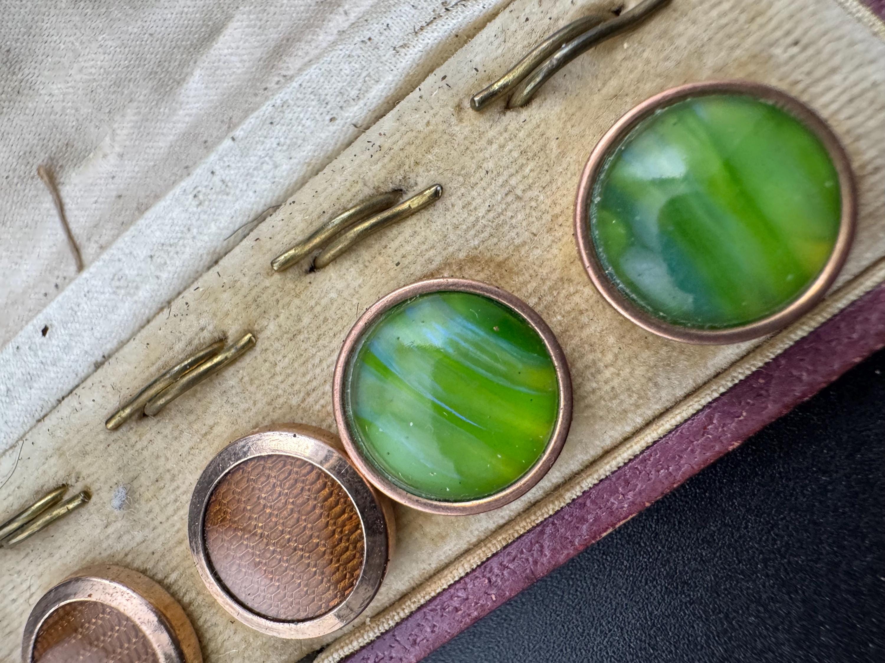 Antique Equestrian Shirt Stud Set: Green Iridescent & Brown, Tooled Leather Case