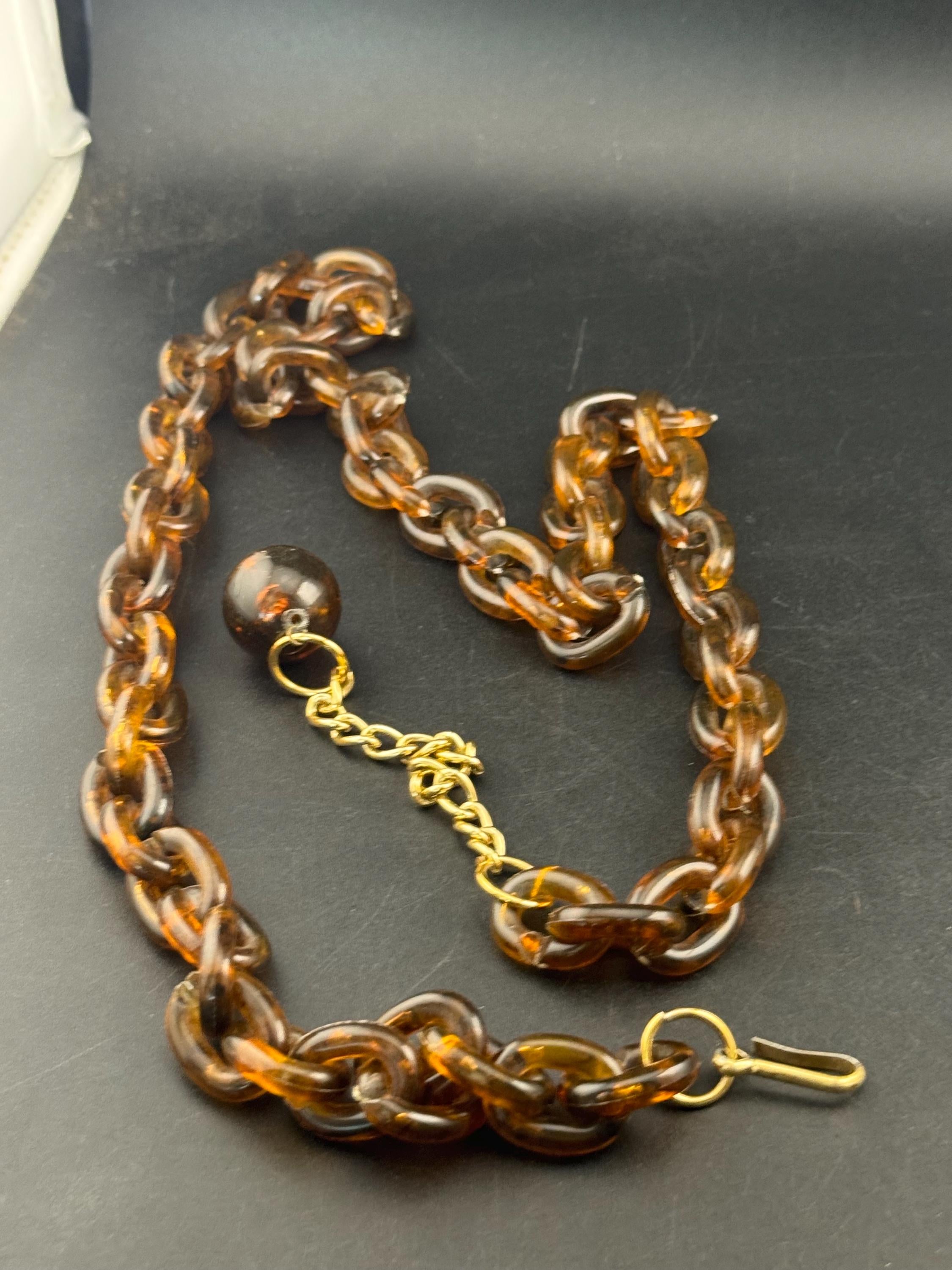 Vintage faux tortoiseshell brown perspex plastic gold tone chain link belt 90 to 100cm