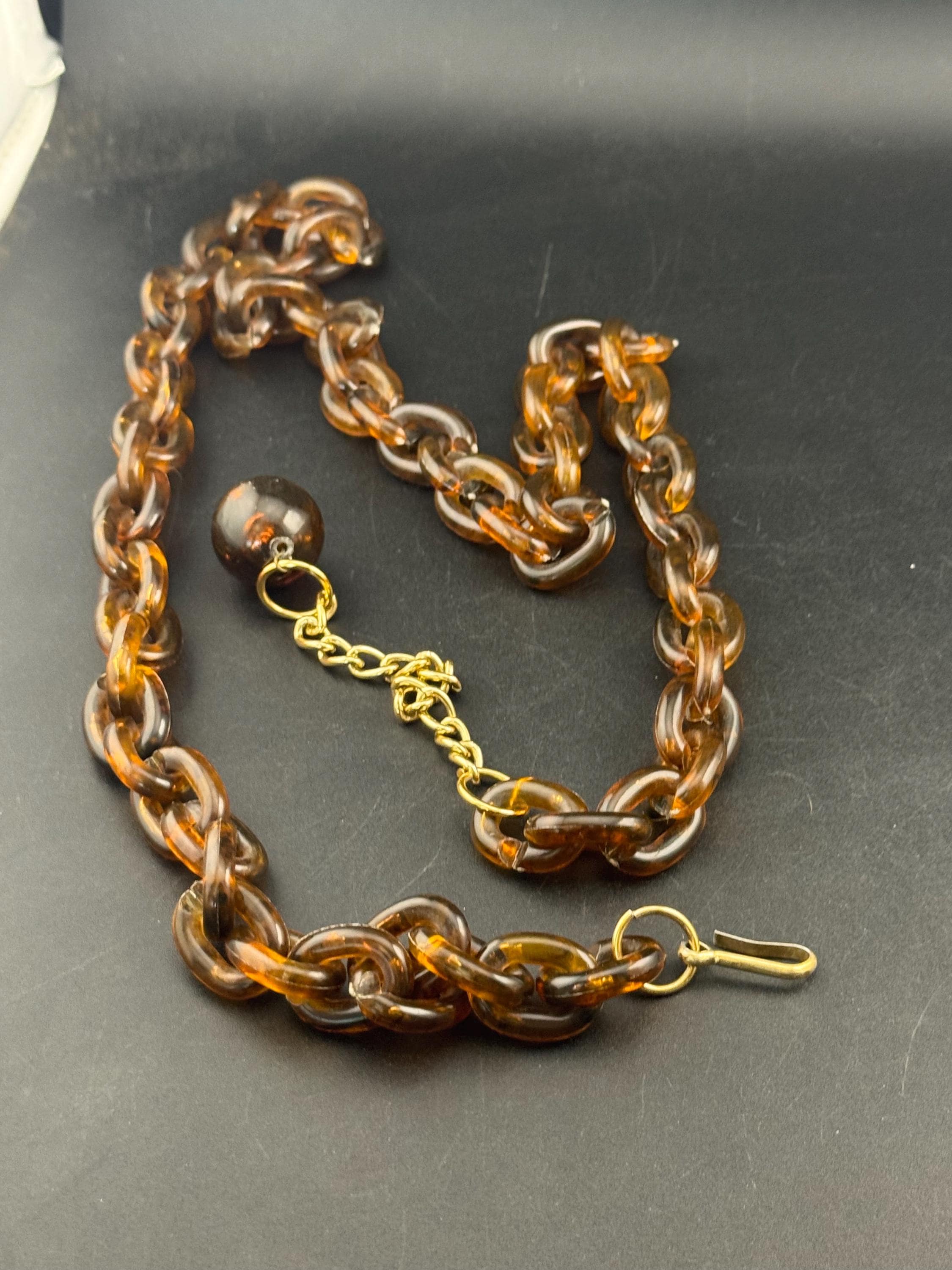 Vintage faux tortoiseshell brown perspex plastic gold tone chain link belt 90 to 100cm