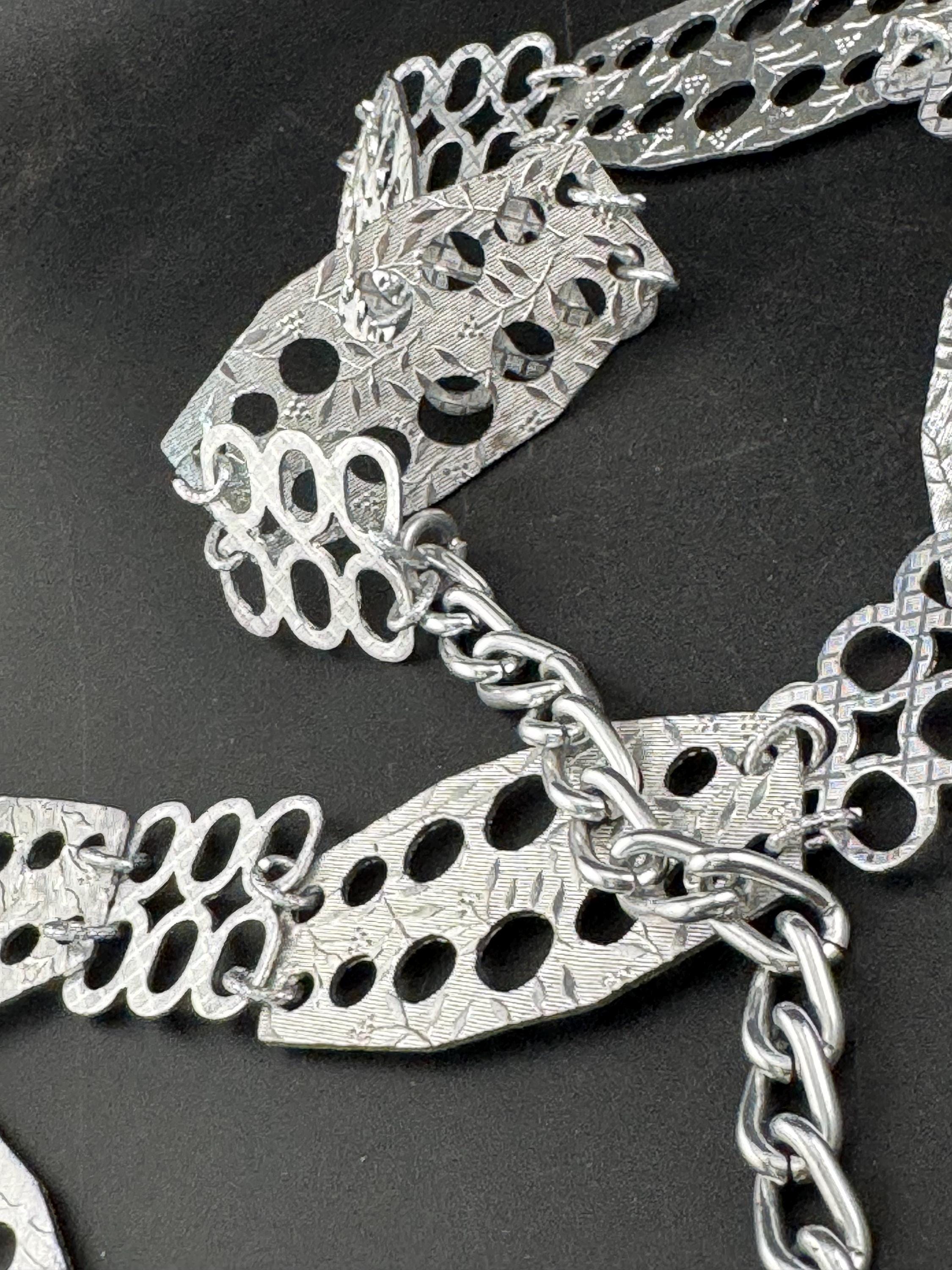 78-90cm Lightweight aluminium vintage silver tone panel link chain belt 60s 70s