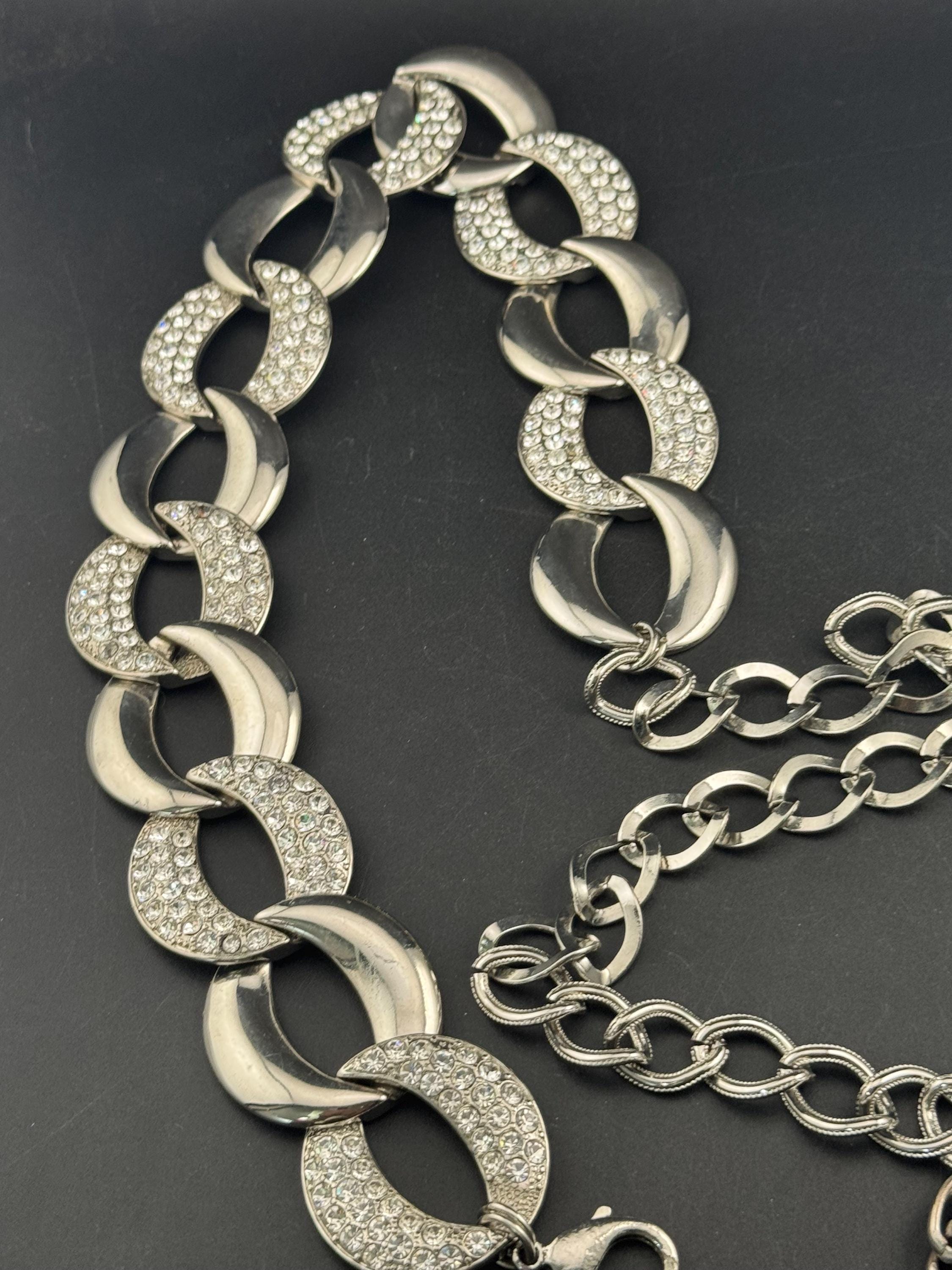 Retro Ladies silver tone clear diamanté weighty wide chain link diamanté crystal belt adjustable to 115cm