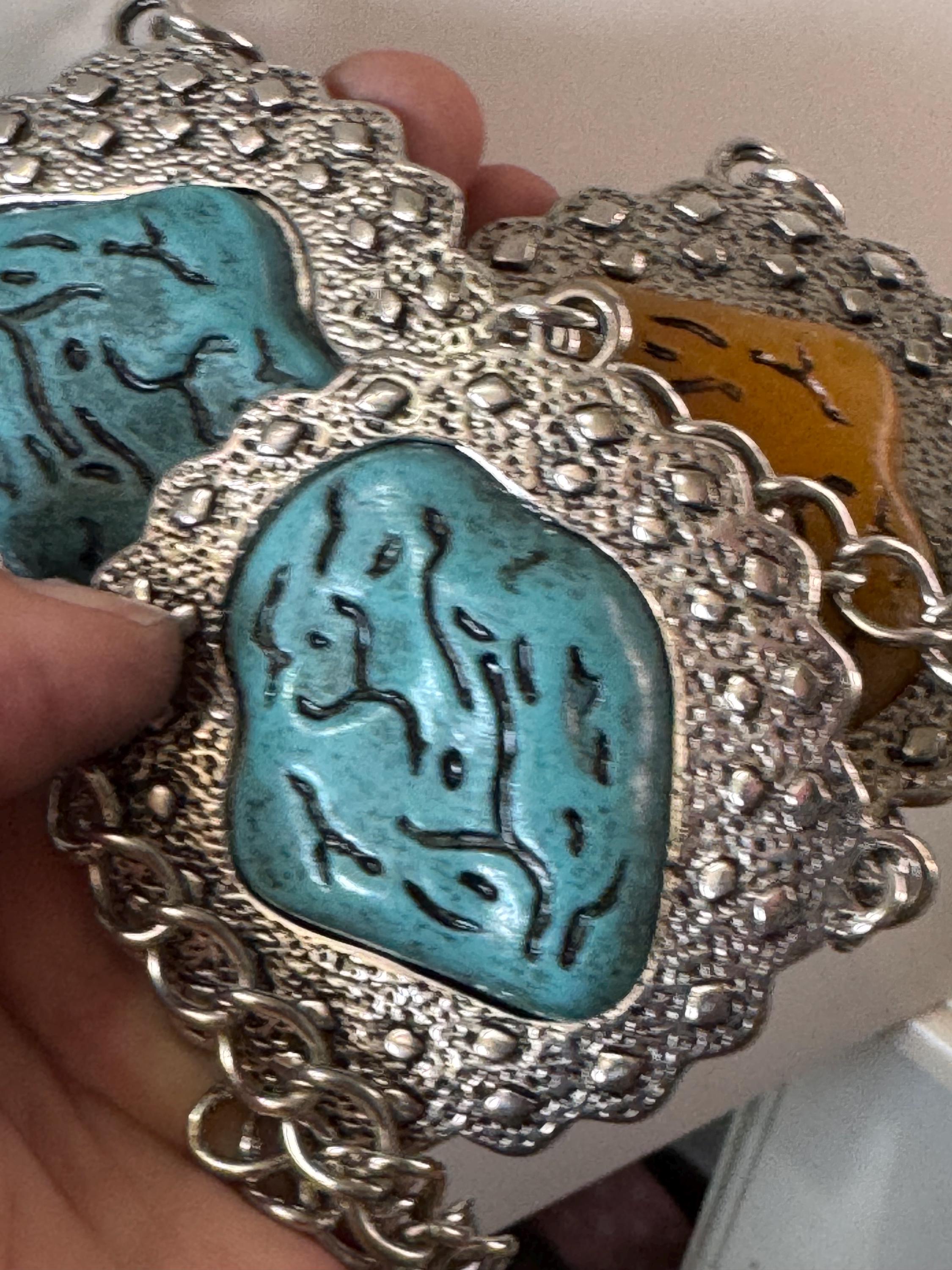 Vintage Southwestern Belt: Silver Tone Chain with Turquoise Amber Cabochons