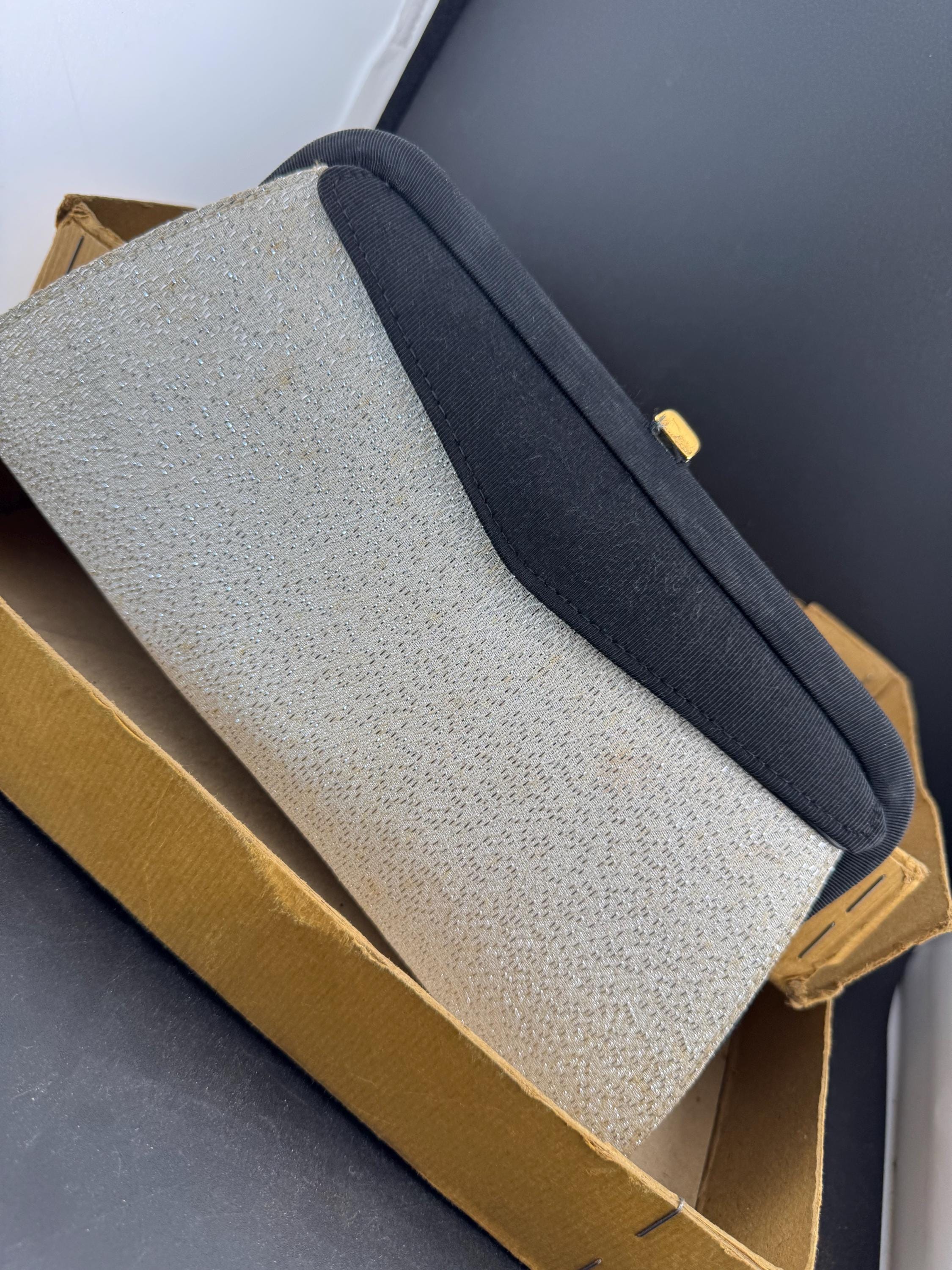 Interchangeable 5 ways black grosgrain plain Evening Bag clutch Vintage mid century with gold silver patent and tapestry outer